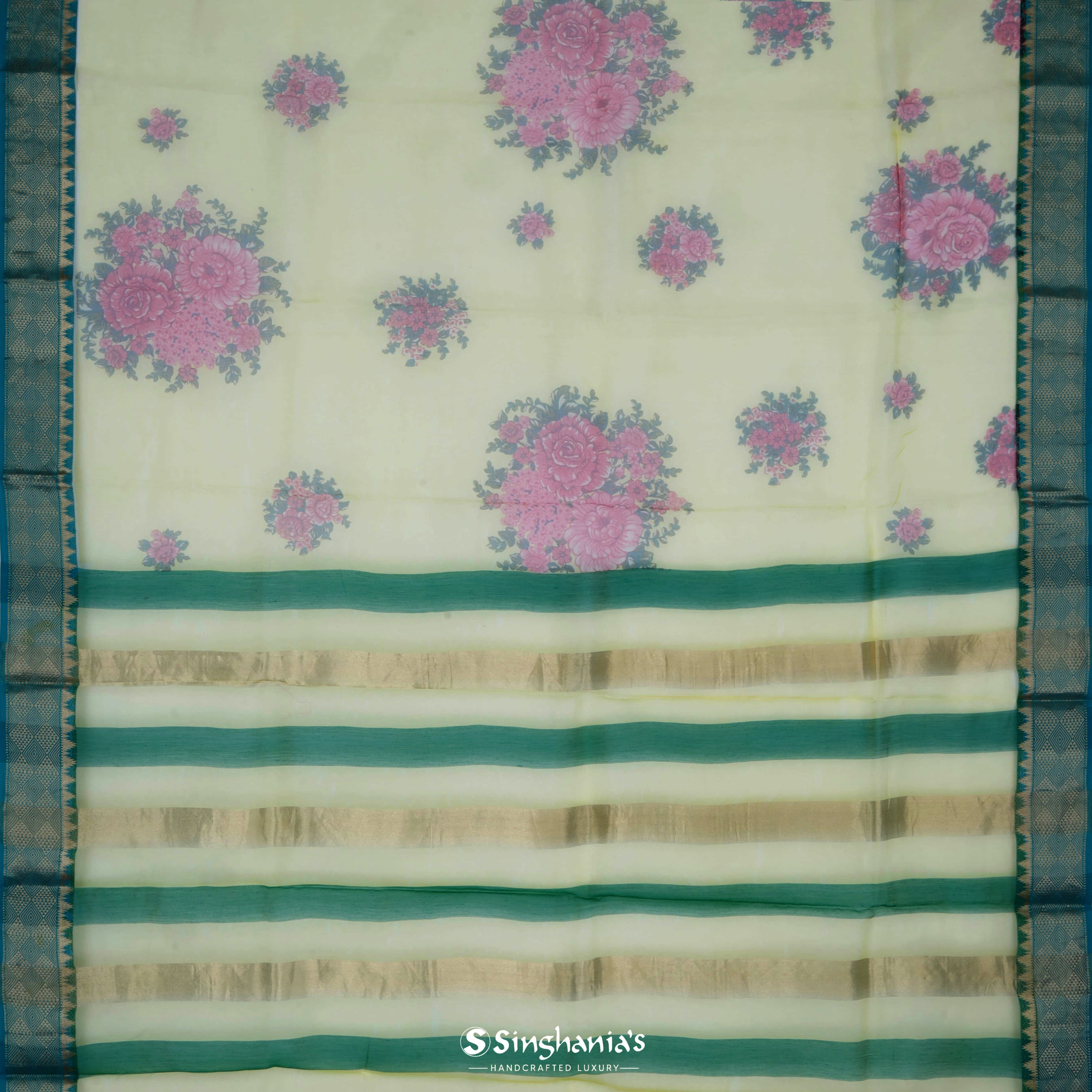 Lemon Yellow Organza Printed Saree With Floral Pattern