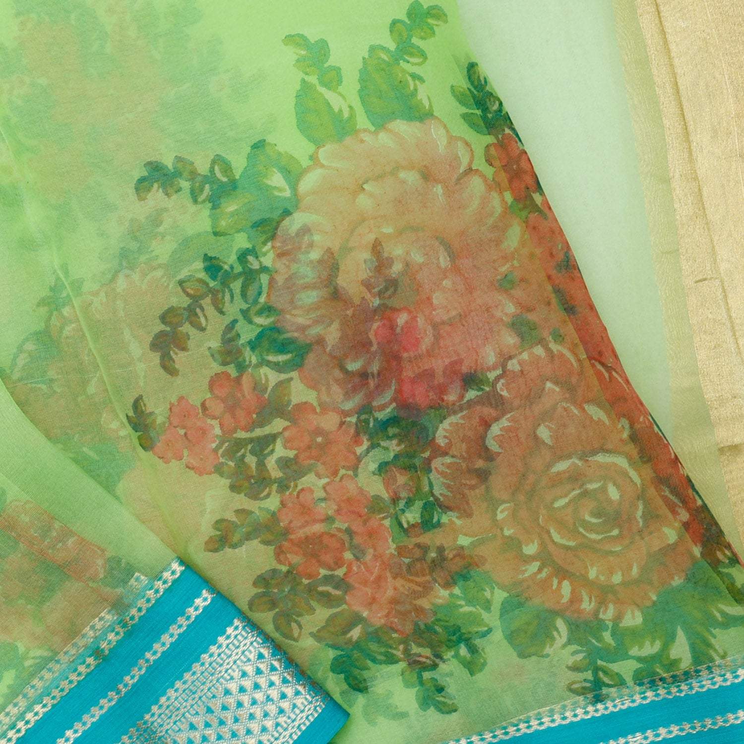 Parrot Green Organza Floral Printed Saree - Singhania's