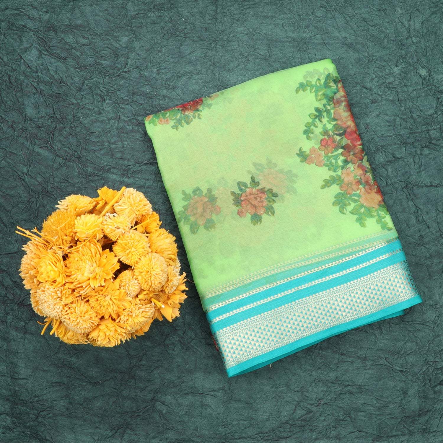 Parrot Green Organza Floral Printed Saree - Singhania's