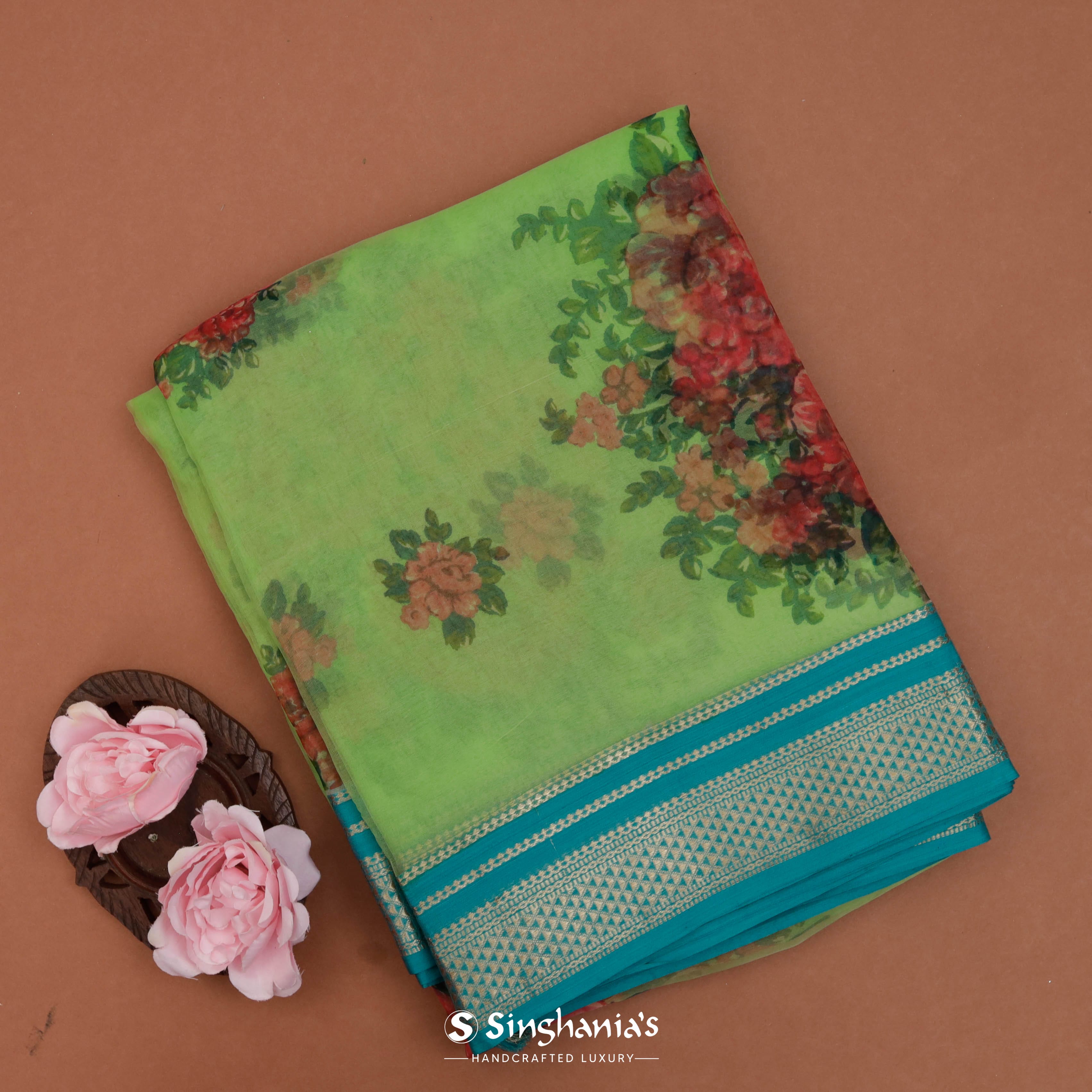 Parrot Green Maheshwari Printed Saree With Floral Buttas