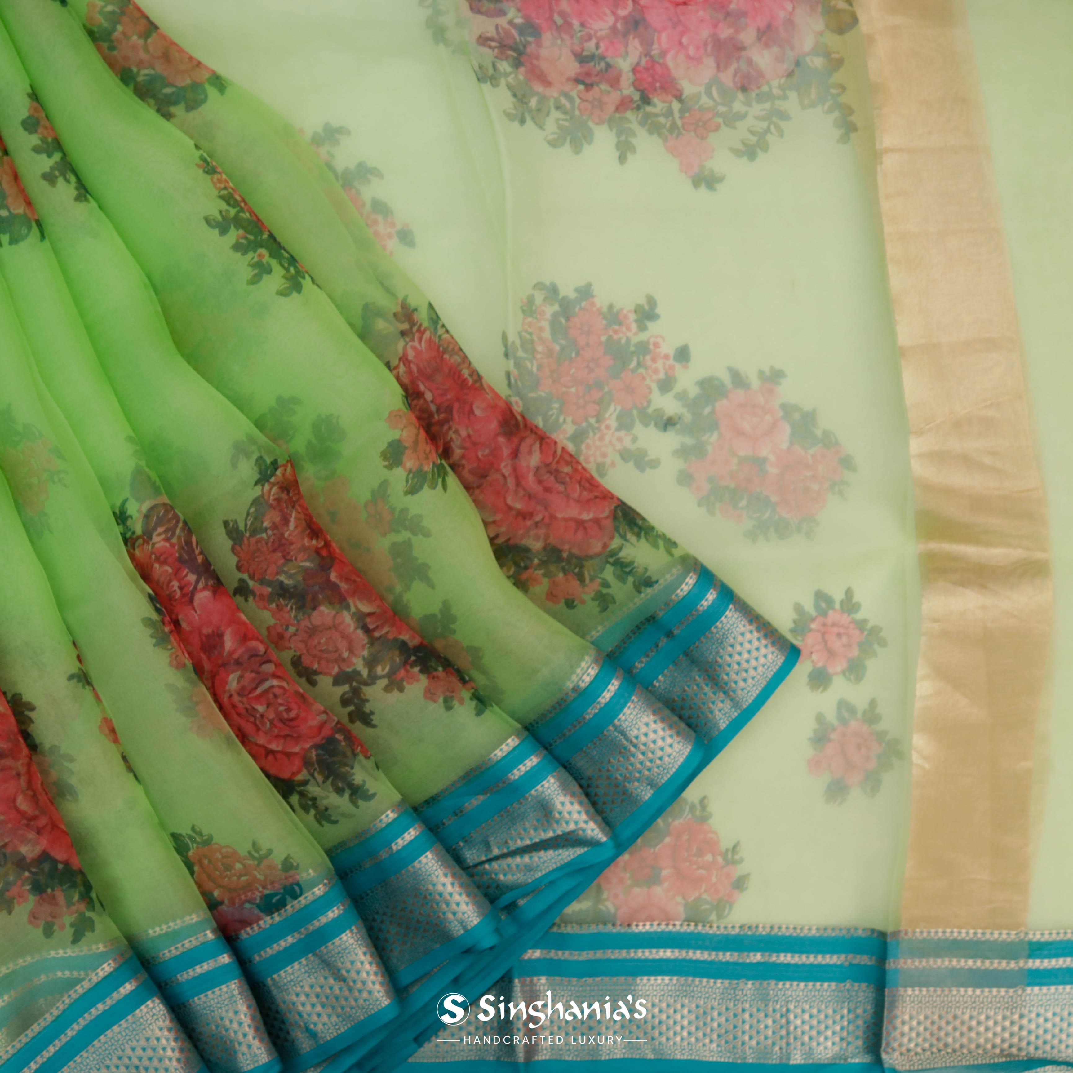 Parrot Green Maheshwari Printed Saree With Floral Buttas