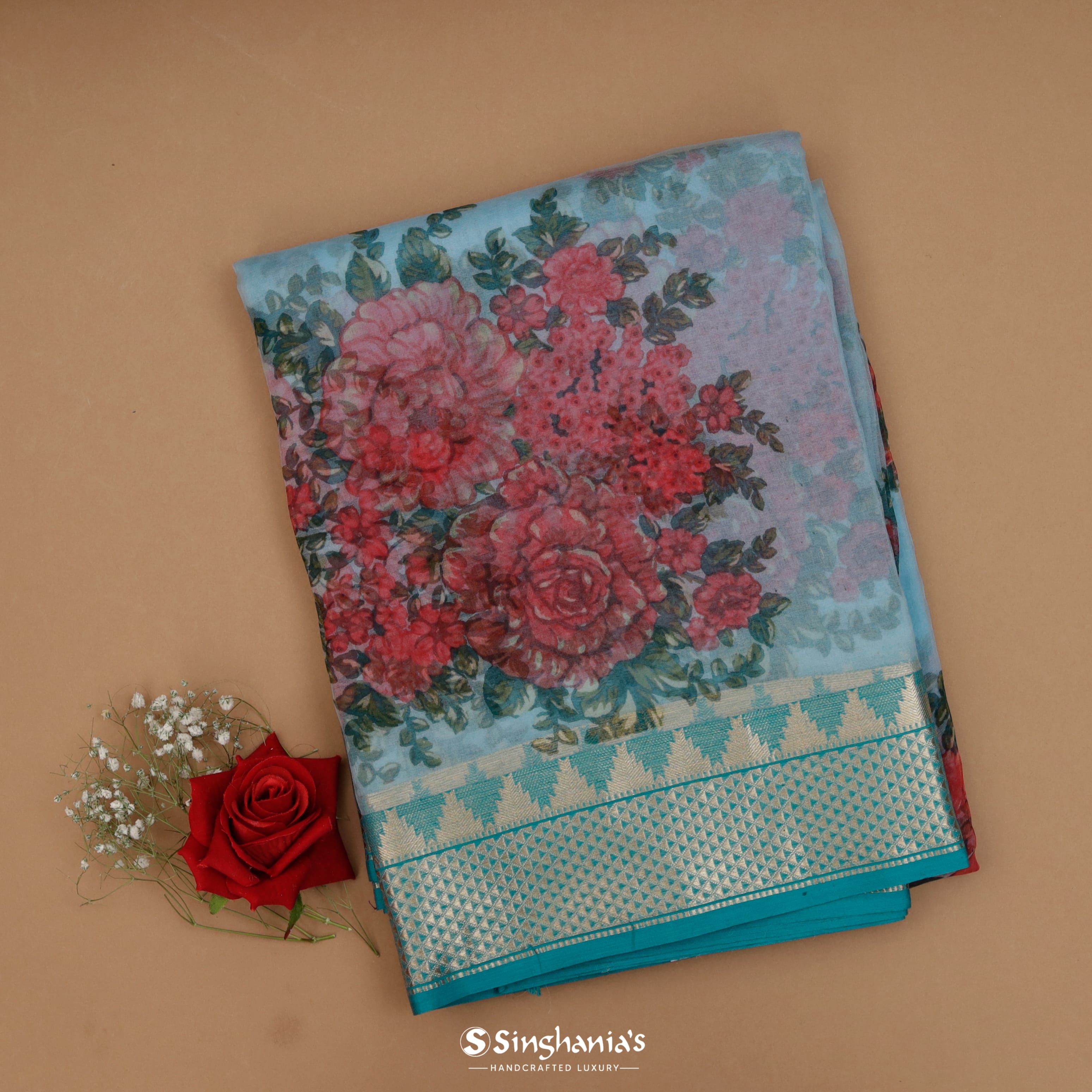 Light Pastel Blue Organza Ajrakh Saree With Floral Pattern