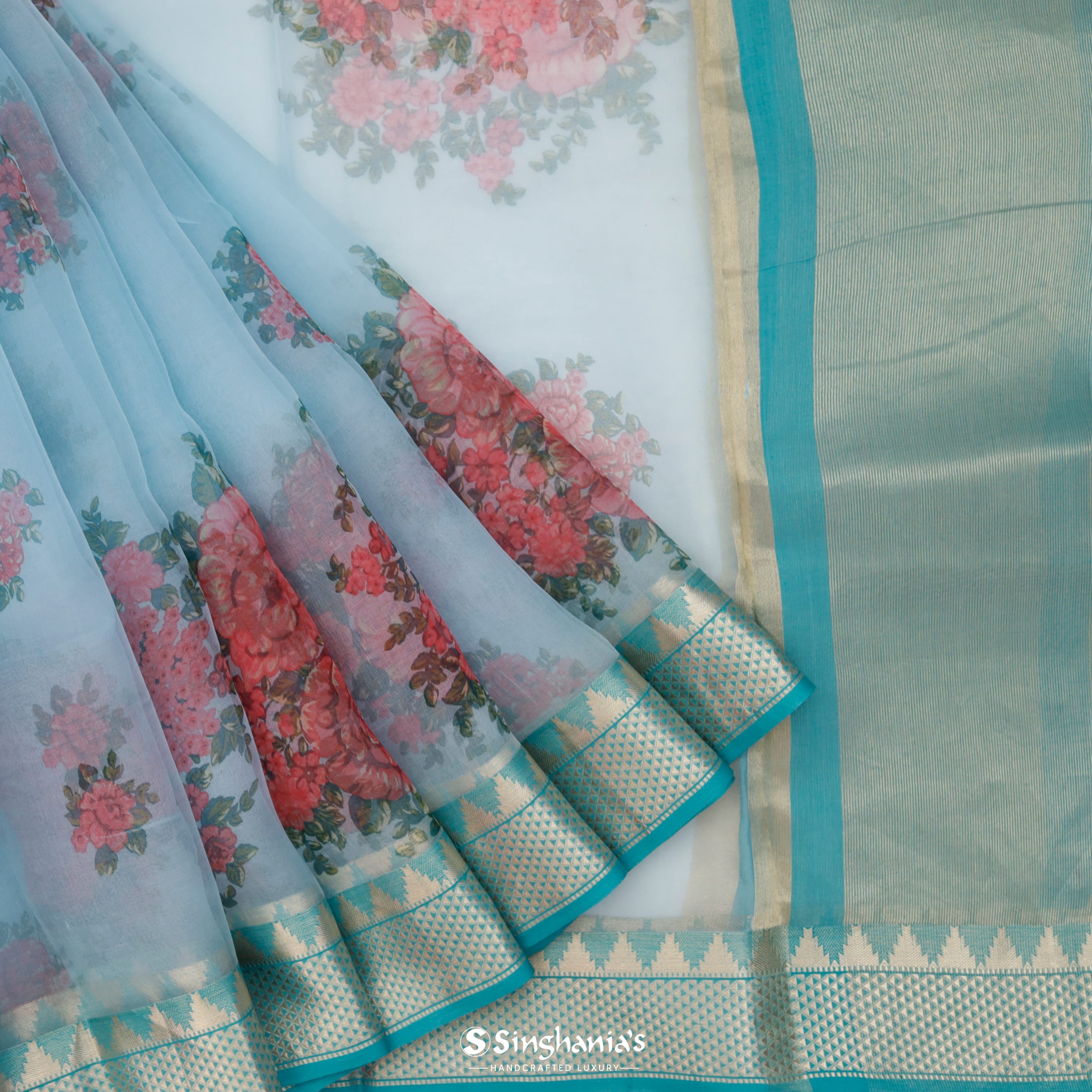 Light Pastel Blue Organza Ajrakh Saree With Floral Pattern