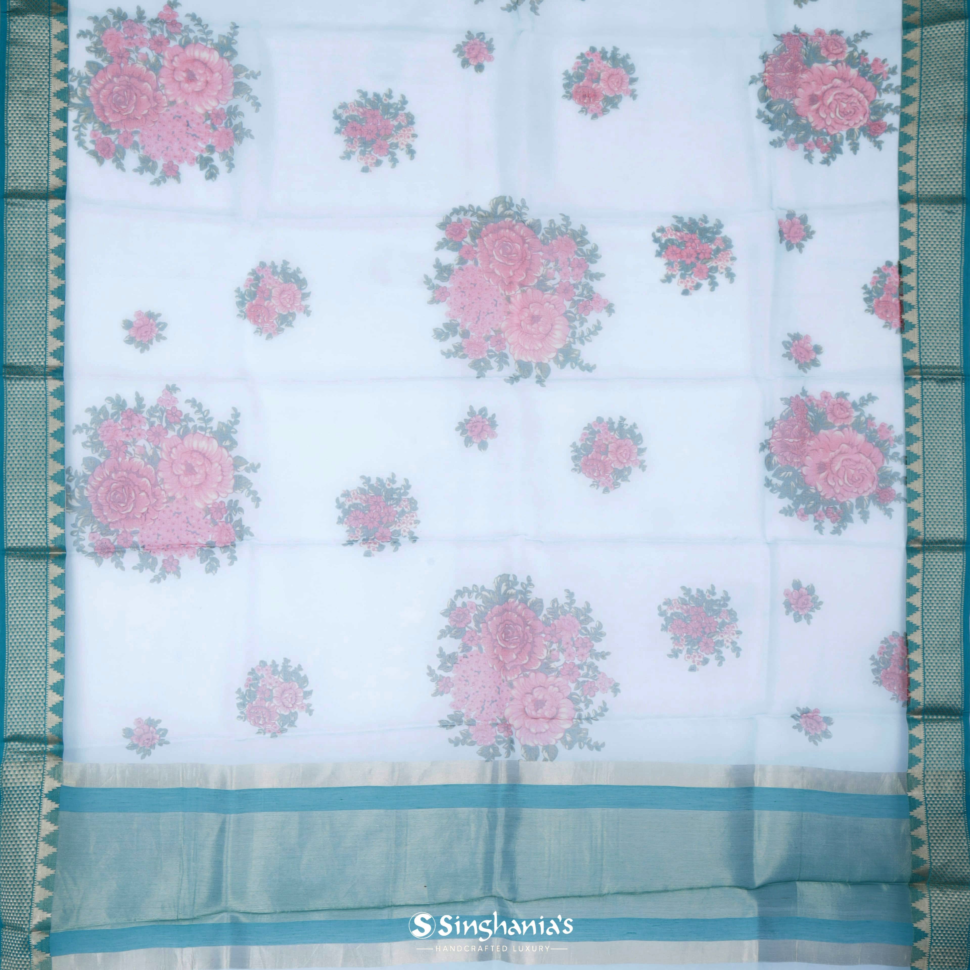 Arctic Blue Organza Printed Saree With Floral Pattern