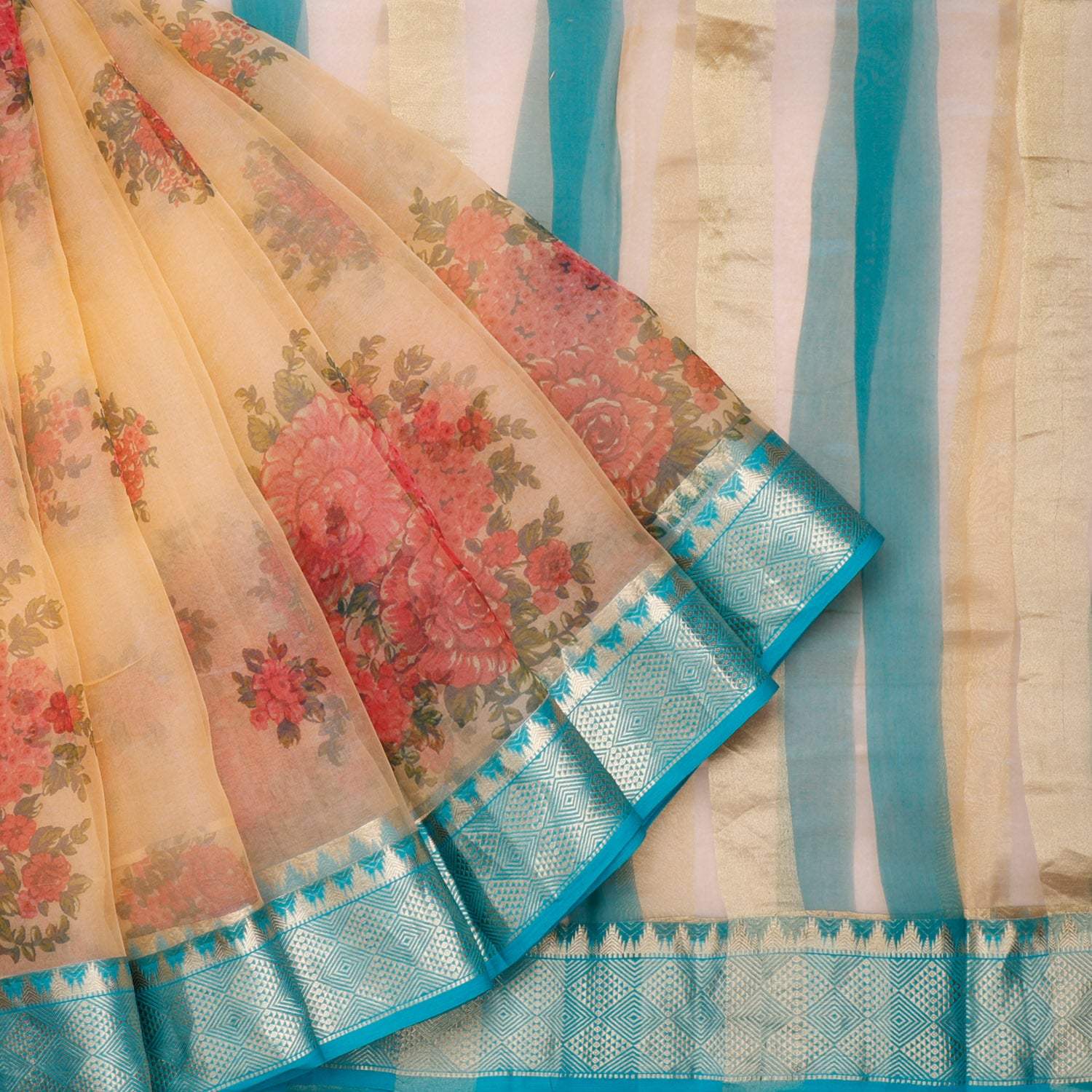 Butter Cream Organza Floral Printed Saree - Singhania's