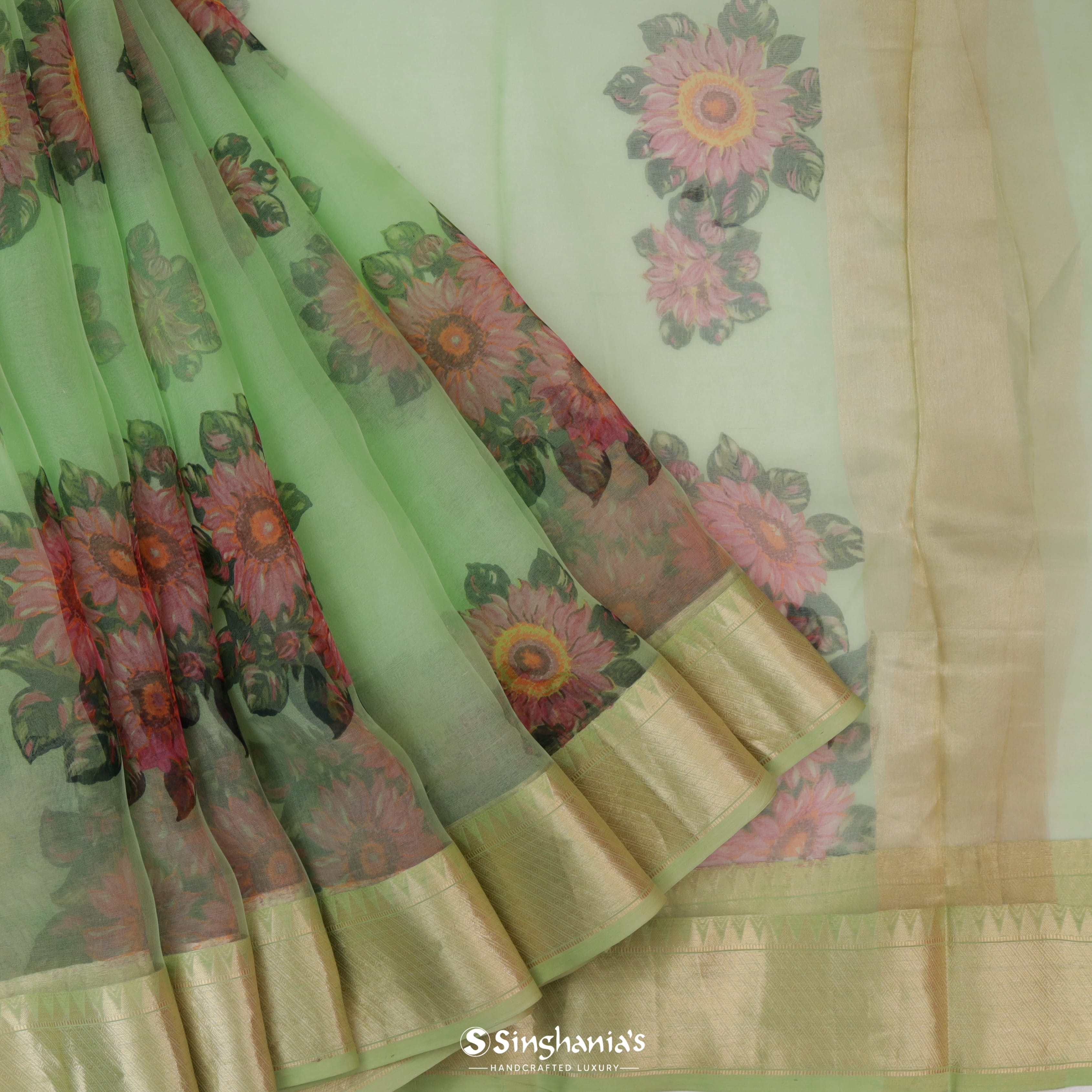 Light Green Organza Printed Saree With Floral Pattern