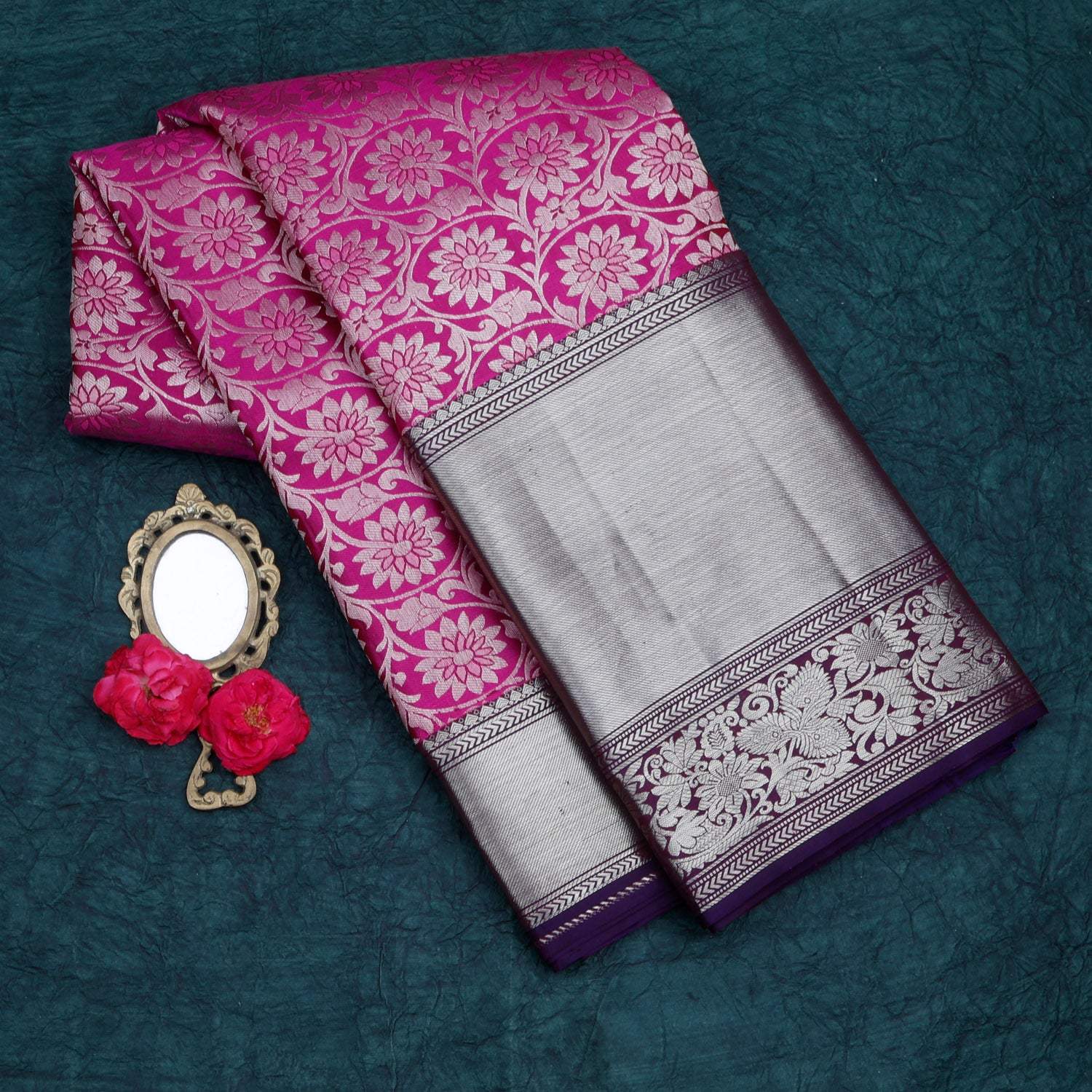 Bright Pink Kanjivaram Silk Saree With Floral Motif Pattern - Singhania's