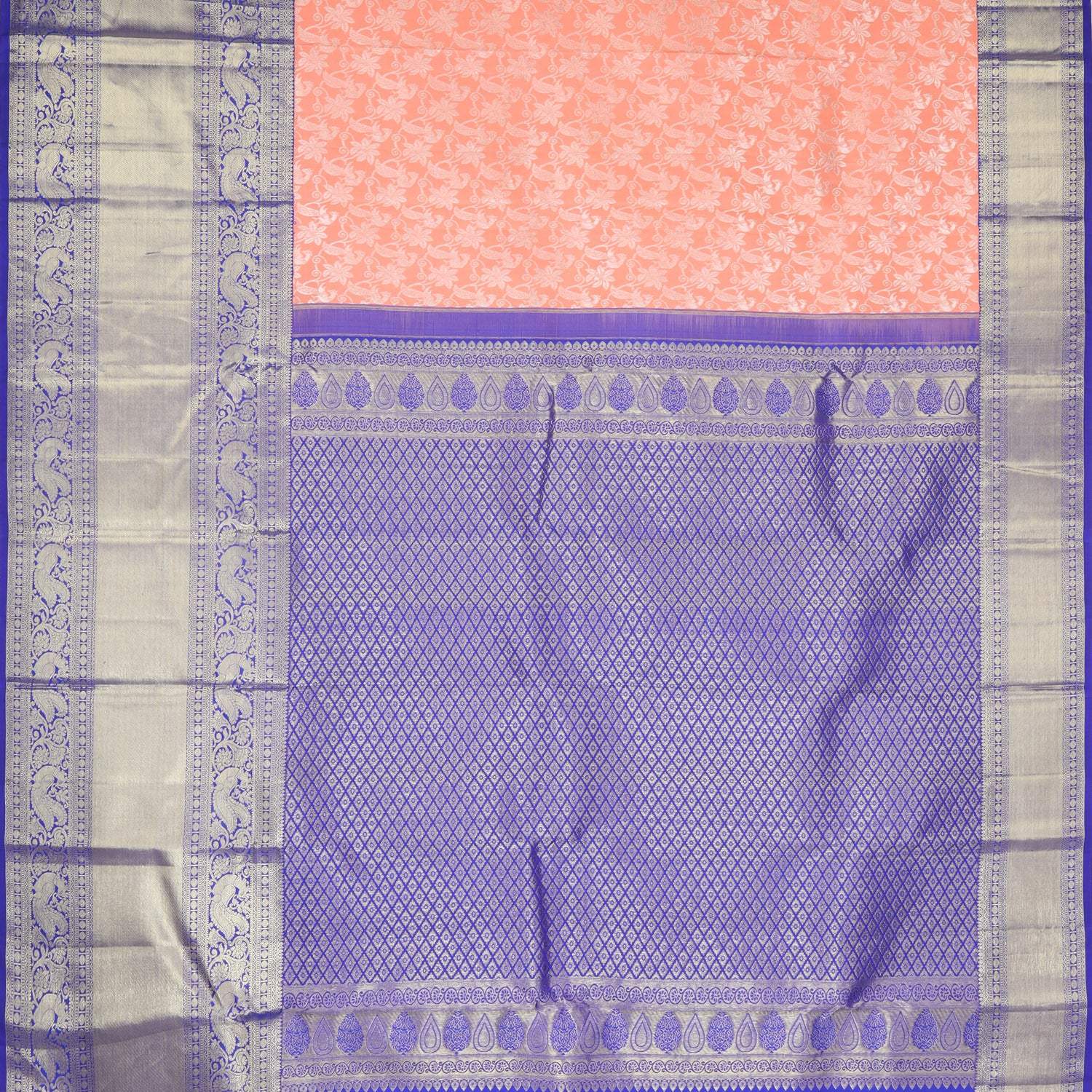 Peach Kanjivaram Silk Saree With Floral Pattern - Singhania's