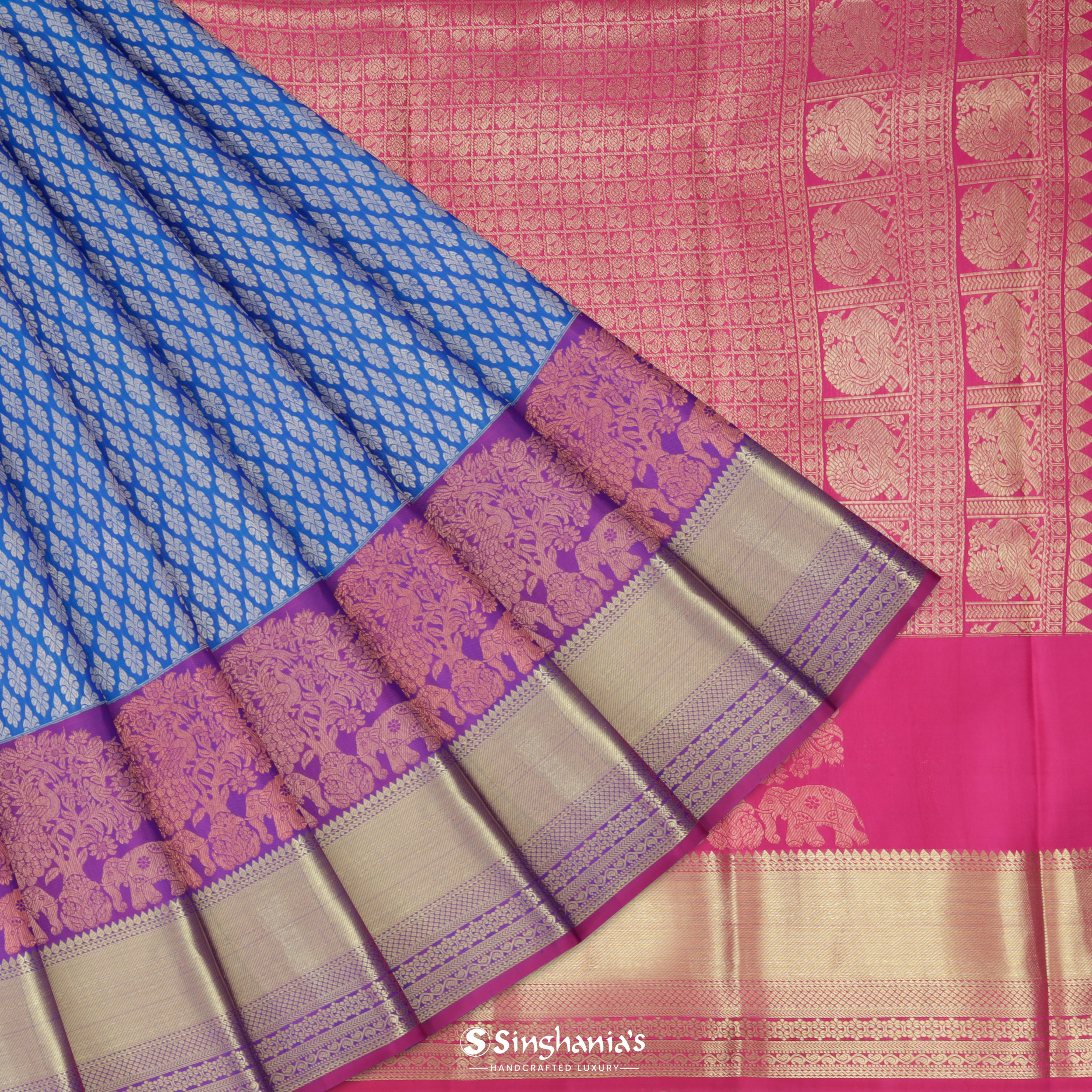 Azure Blue Silk Kanjivaram Saree With Floral Motif Pattern