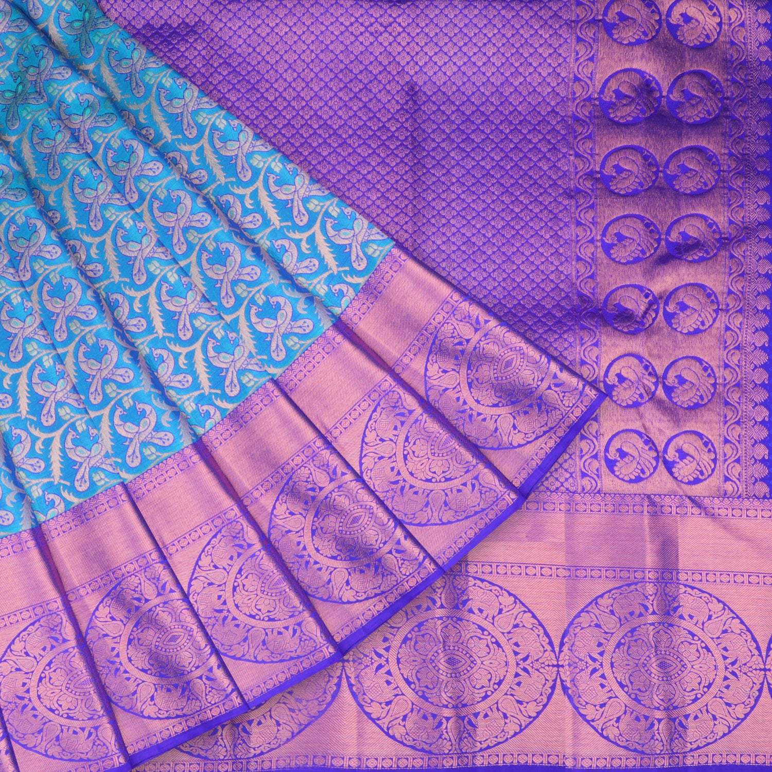 Blue Kanjivaram Silk Saree With Copper Zari - Singhania's