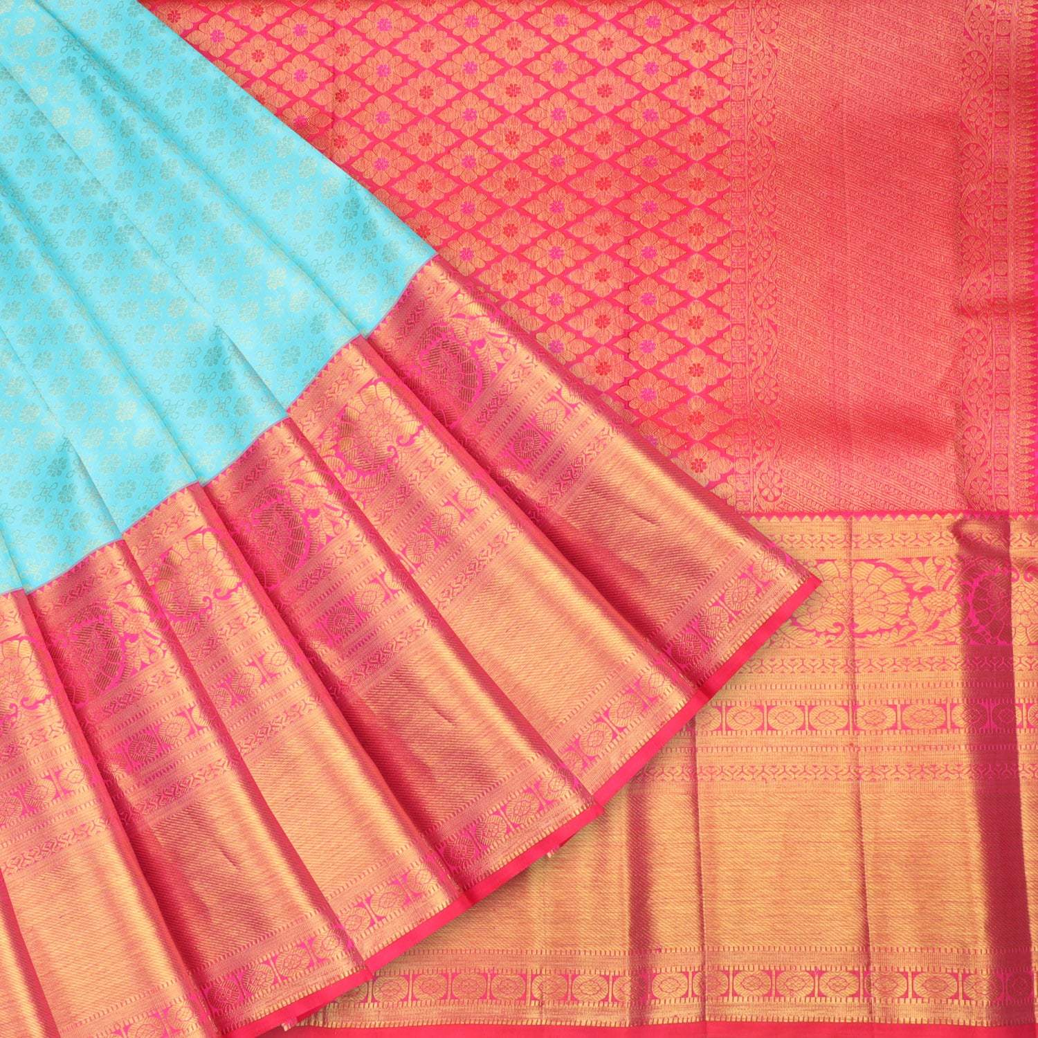 Cyan Blue Kanjivaram Silk Saree With Floral Buttis - Singhania's