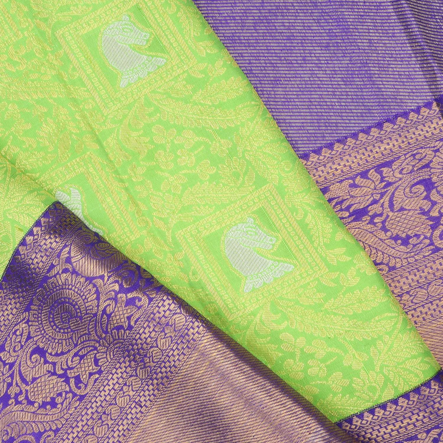 Bright Green Kanjivaram Silk Saree With Floral Pattern - Singhania's