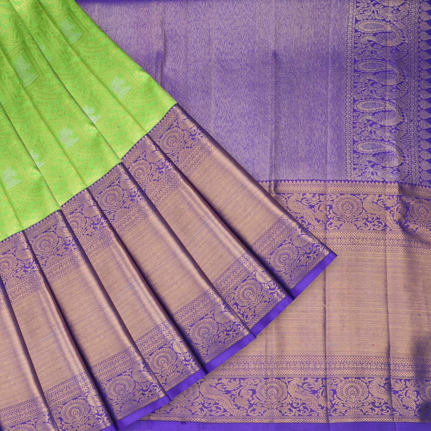 Bright Green Kanjivaram Silk Saree With Floral Pattern - Singhania's