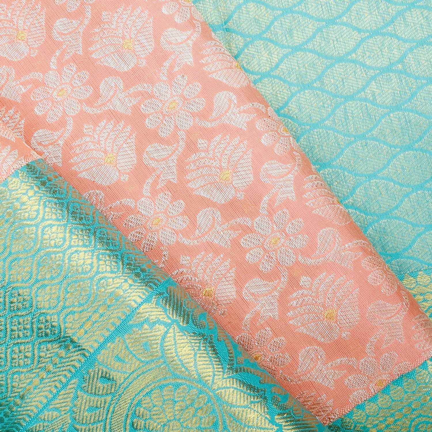 Pastel Peach Kanjivaram Silk Saree With Floral Motifs Pattern - Singhania's