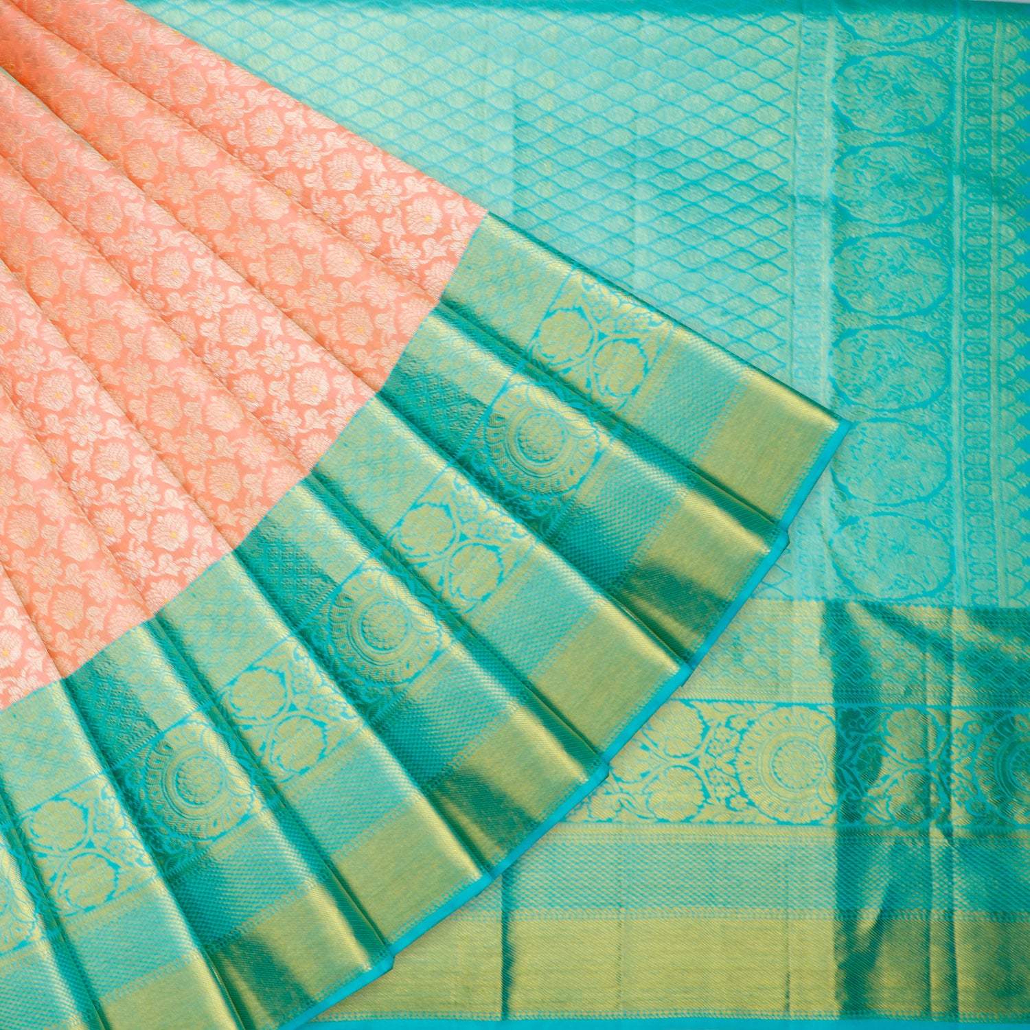 Pastel Peach Kanjivaram Silk Saree With Floral Motifs Pattern - Singhania's