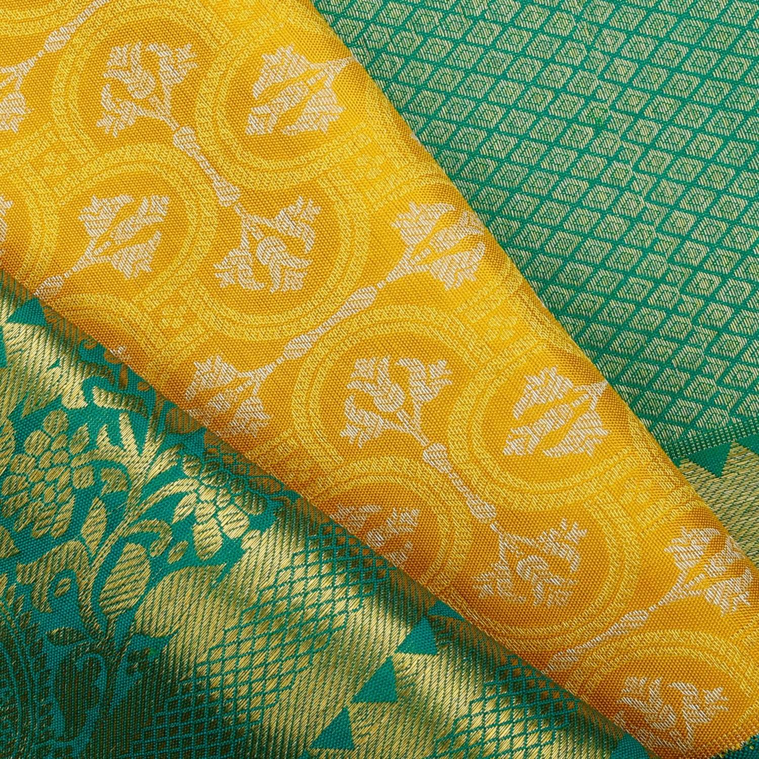 Mango Yellow Kanjivaram Silk Saree With Floral Pattern - Singhania's