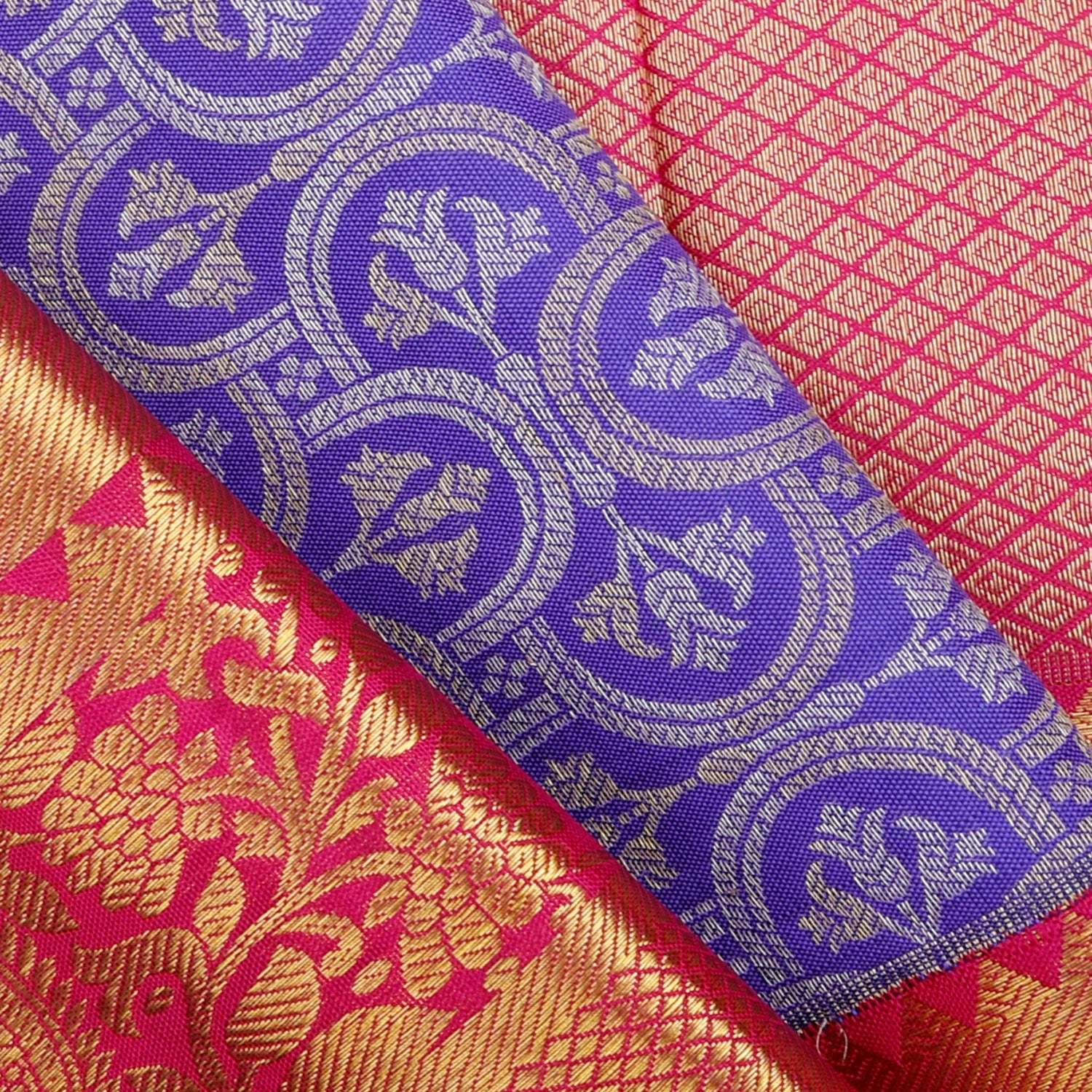 Blue Violet Kanjivaram Silk Saree With Floral Motif Pattern - Singhania's