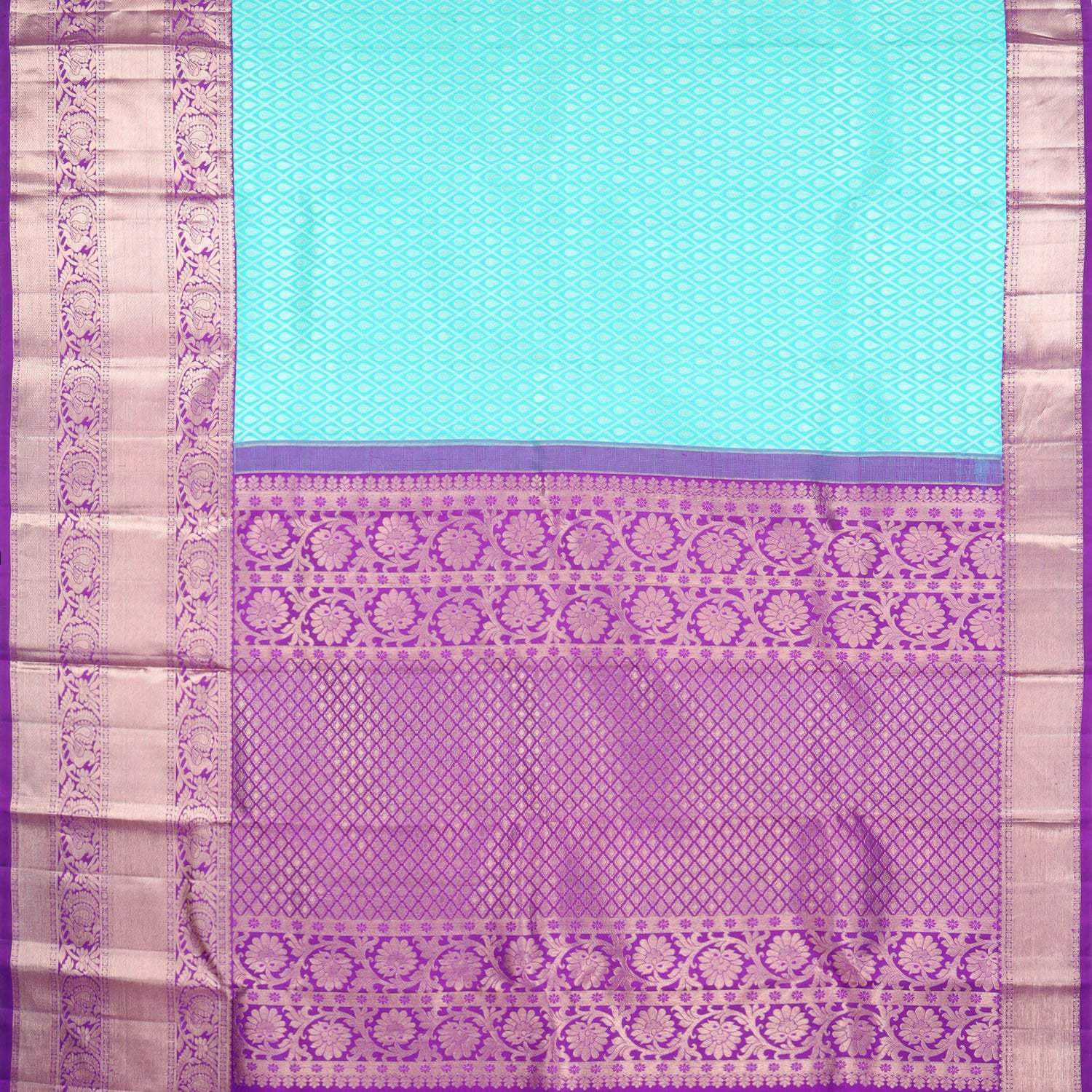 Bright Blue Kanjivaram Silk Saree With Floral Pattern - Singhania's