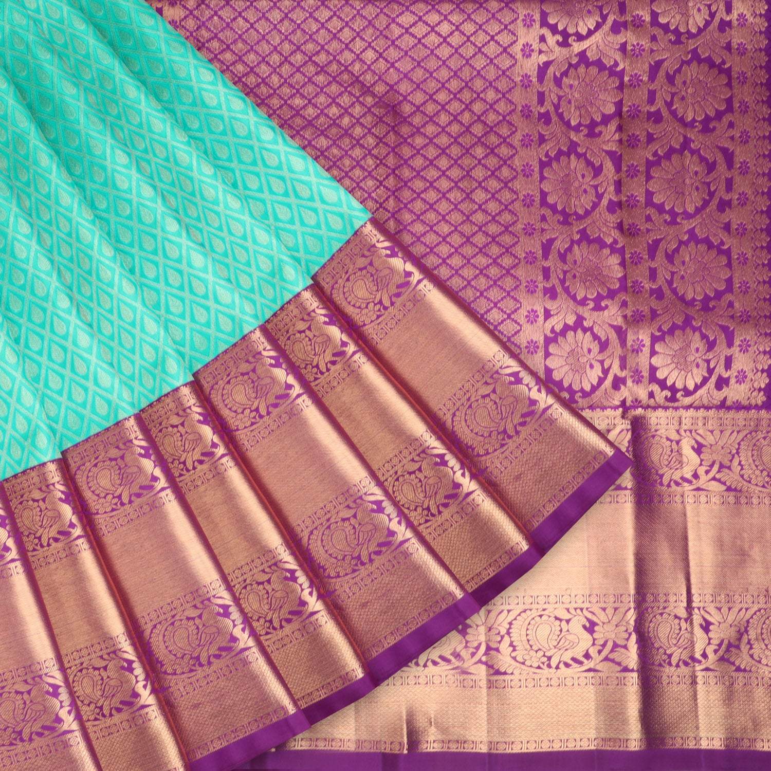 Bright Blue Kanjivaram Silk Saree With Floral Pattern - Singhania's