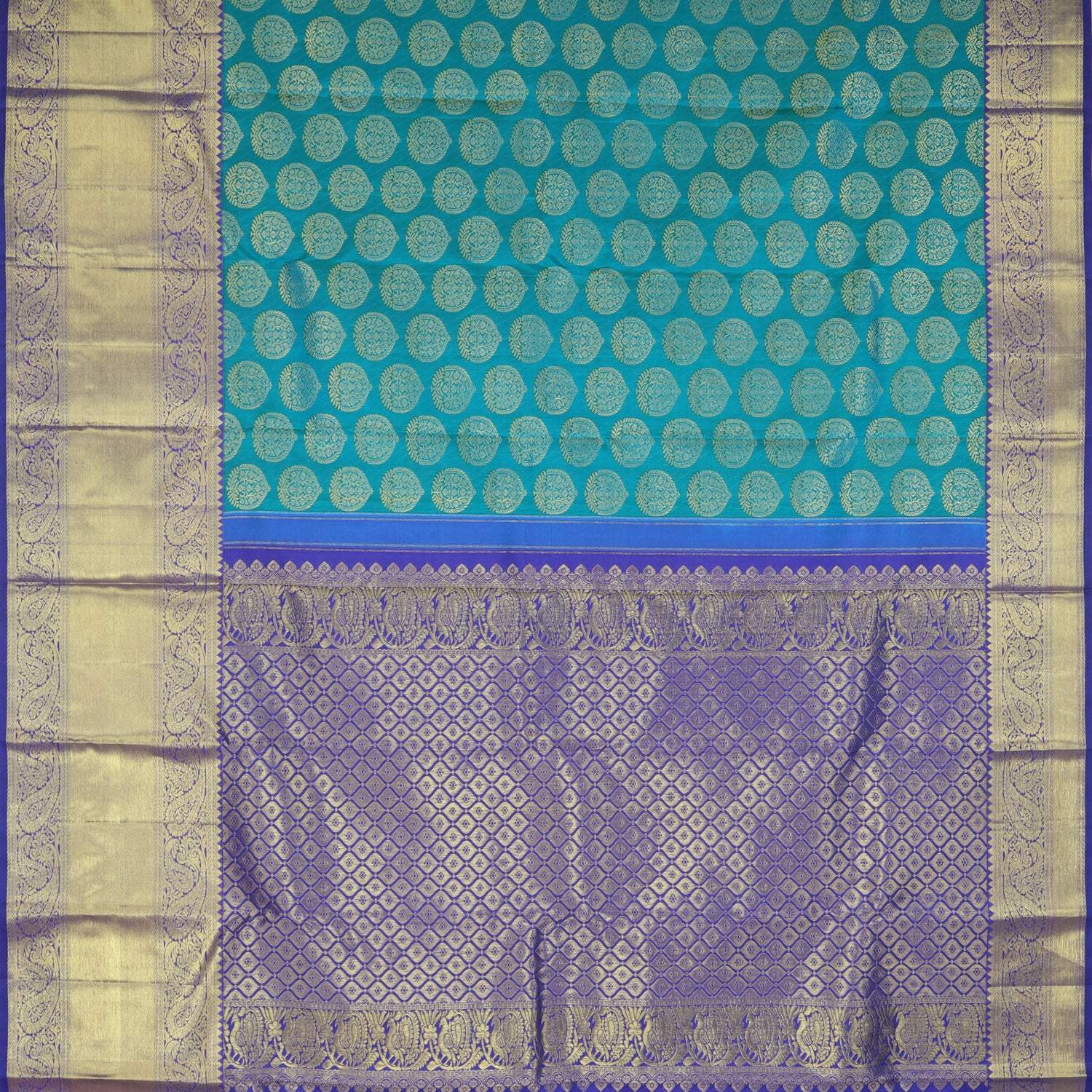 Teal Blue Kanjivaram Silk Saree With Floral Buttas - Singhania's