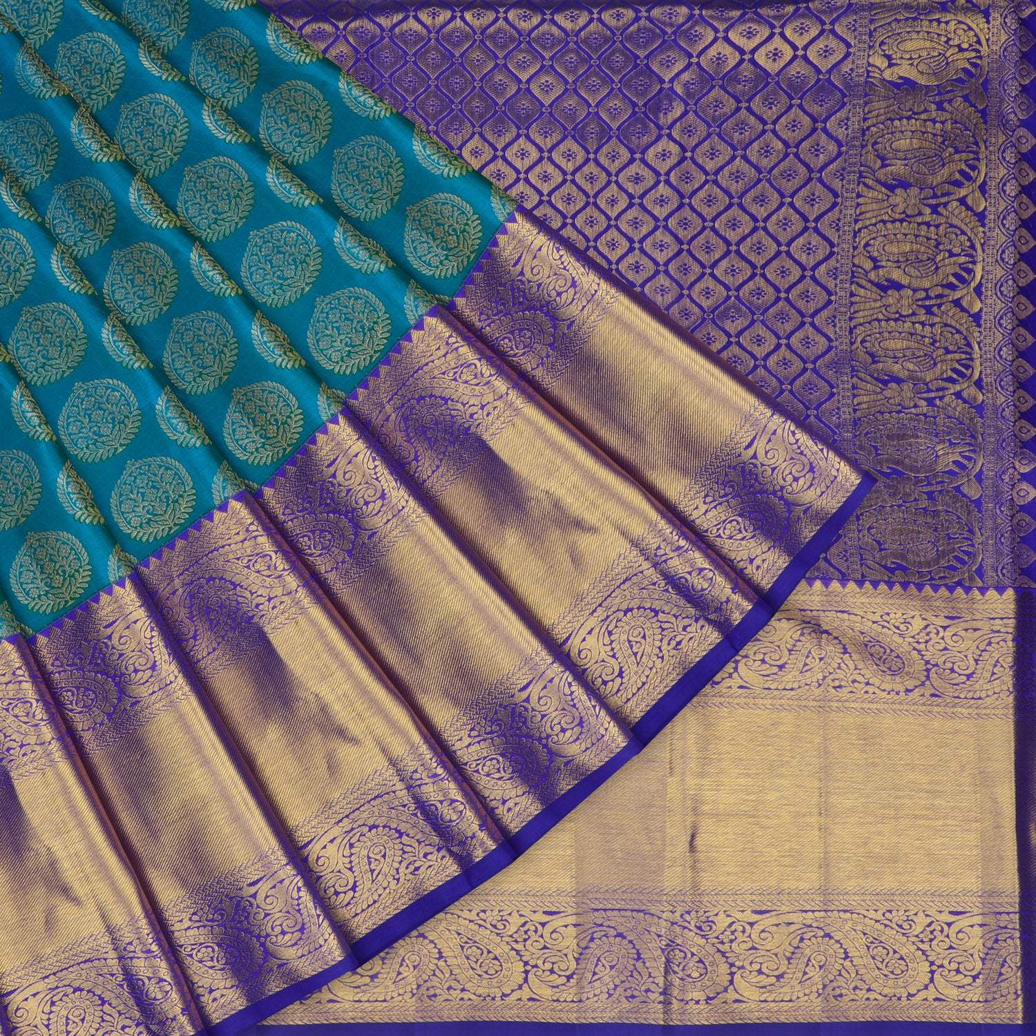 Teal Blue Kanjivaram Silk Saree With Floral Buttas - Singhania's