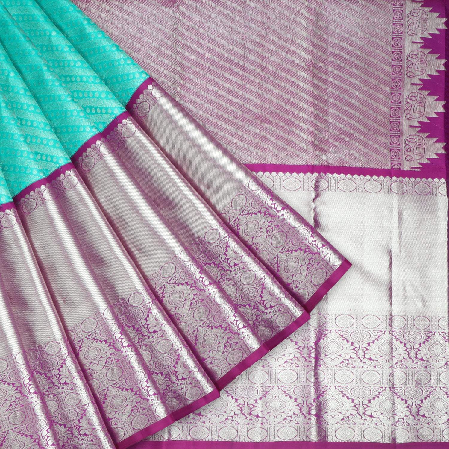 Bright Blue Kanjivaram Silk Saree With Floral Pattern - Singhania's