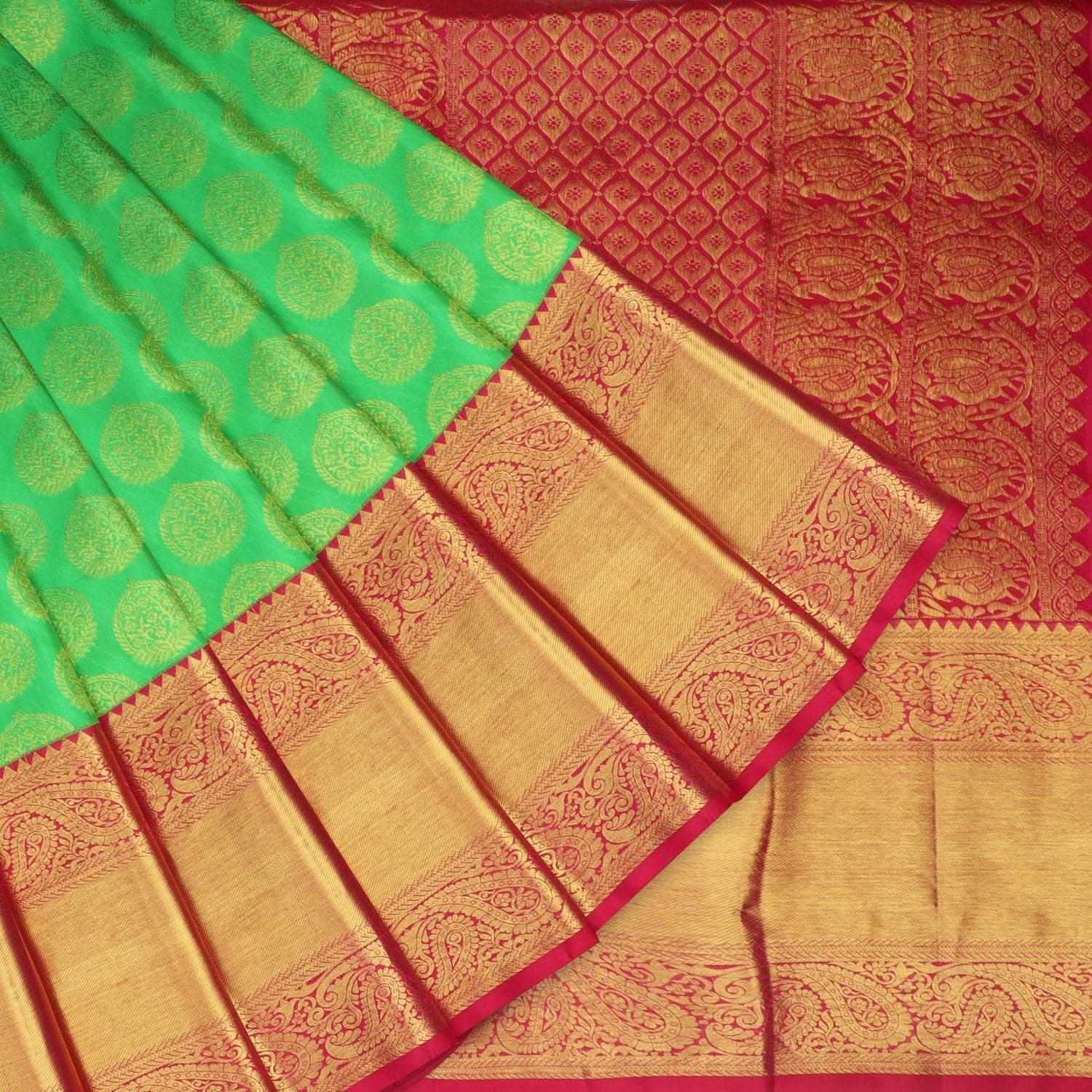Green Kanjivaram Silk Saree With Floral Buttas - Singhania's