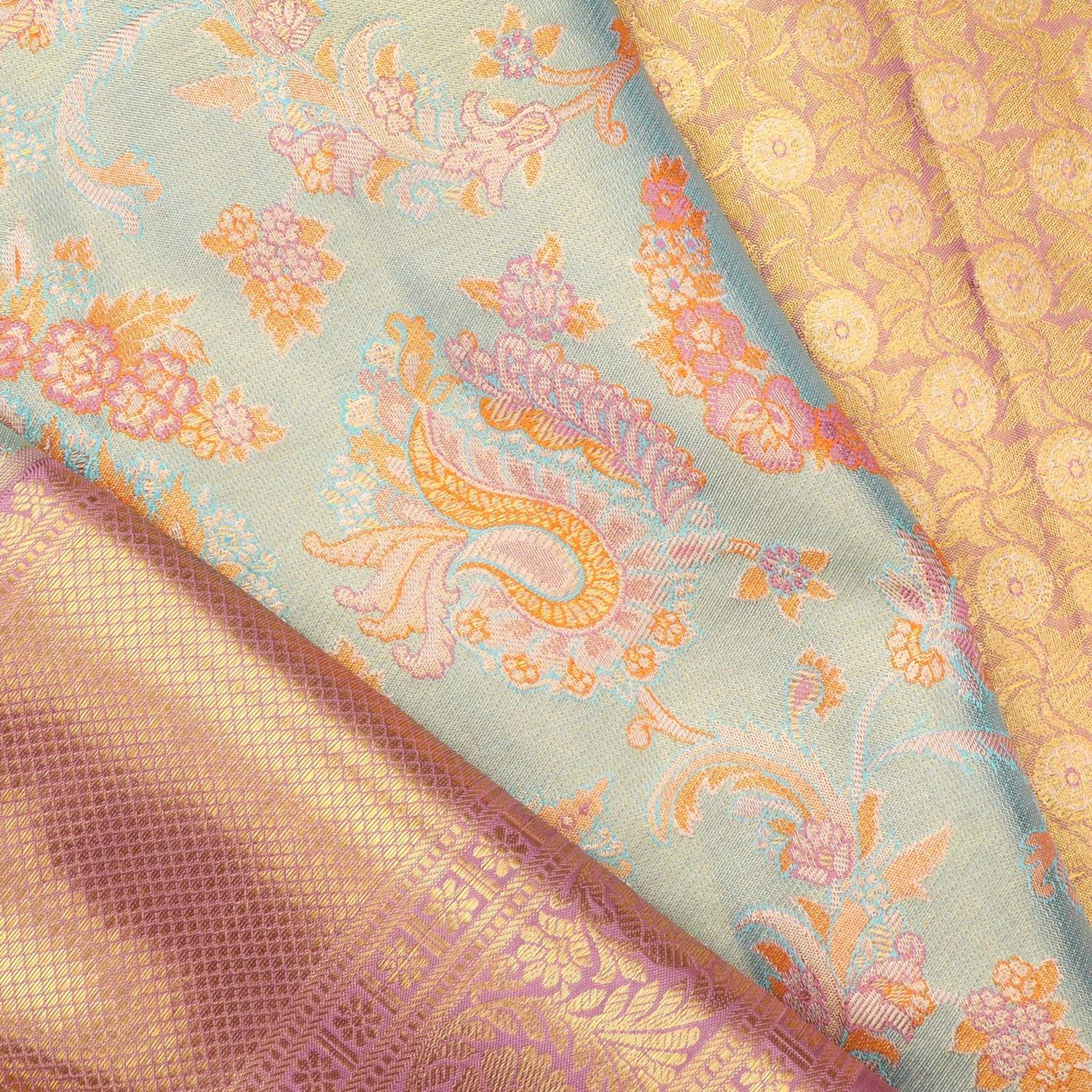 Pastel Blue Tissue Kanjivaram Silk Saree With Floral Motif Pattern - Singhania's