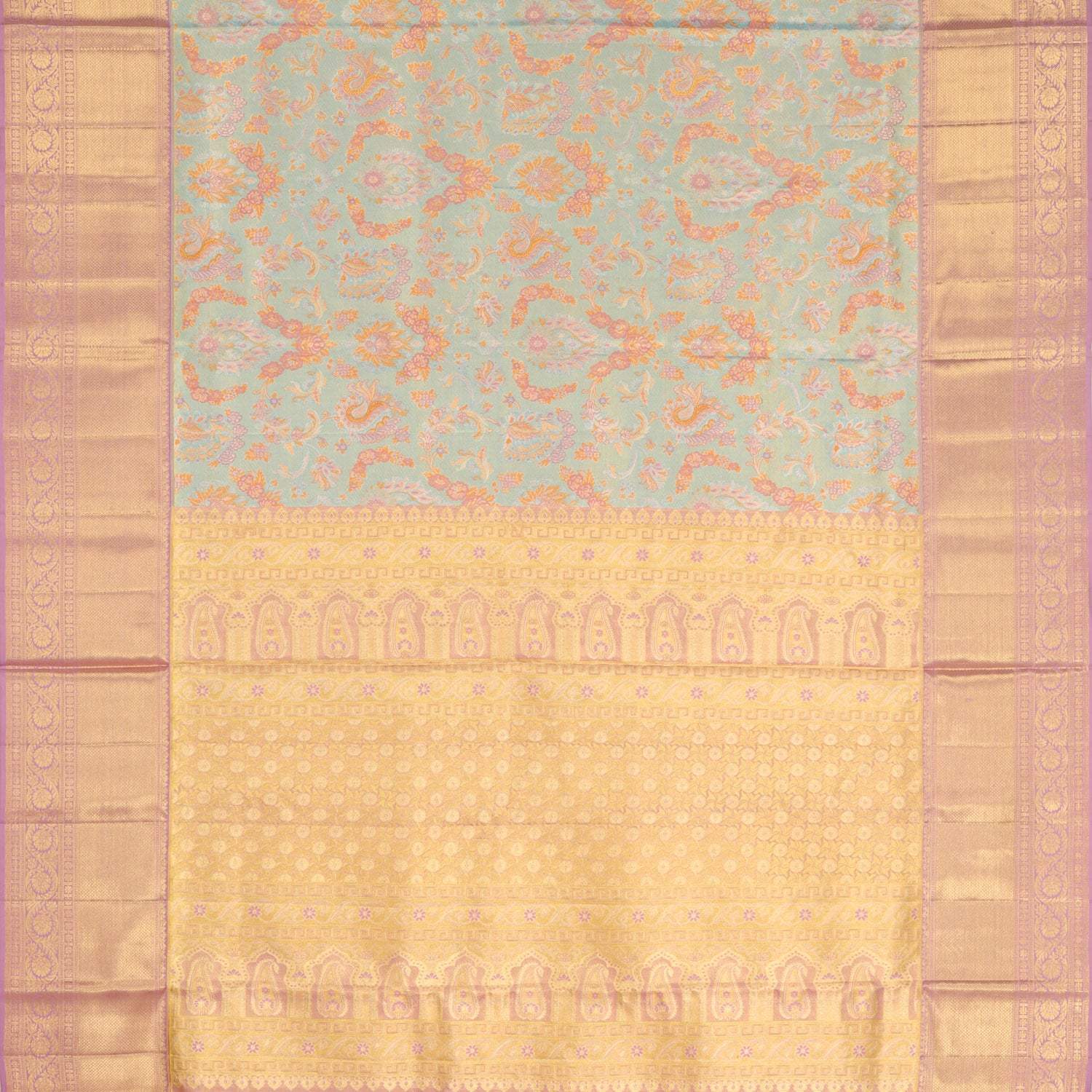 Pastel Blue Tissue Kanjivaram Silk Saree With Floral Motif Pattern - Singhania's