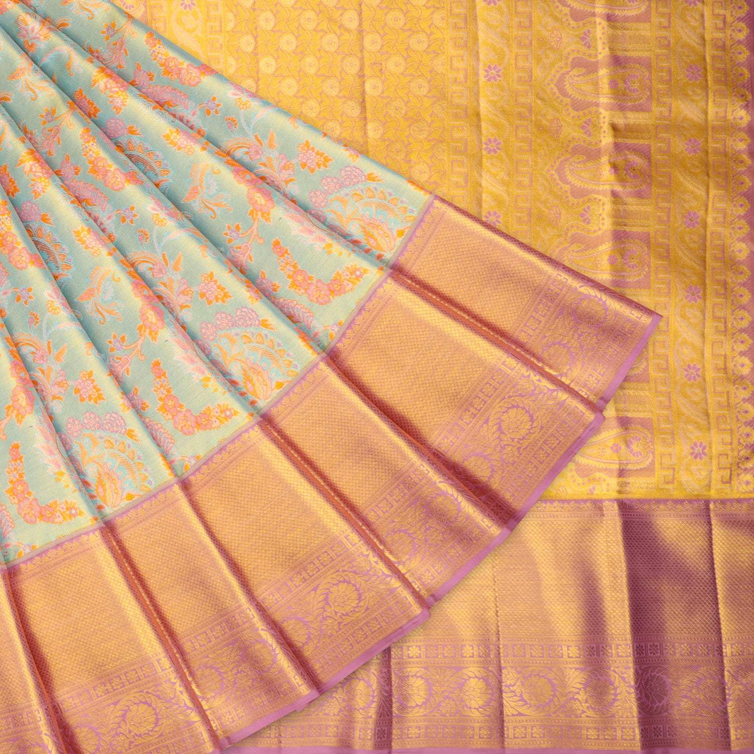 Pastel Blue Tissue Kanjivaram Silk Saree With Floral Motif Pattern - Singhania's