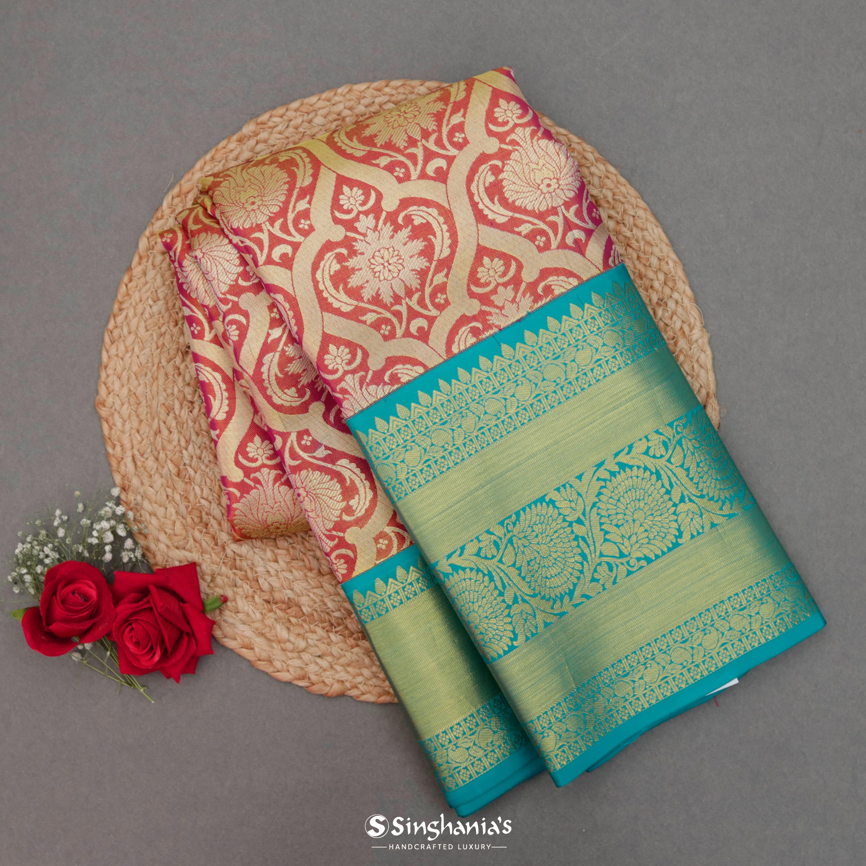 Garnet Red Silk Kanjivaram Saree With Floral Pattern