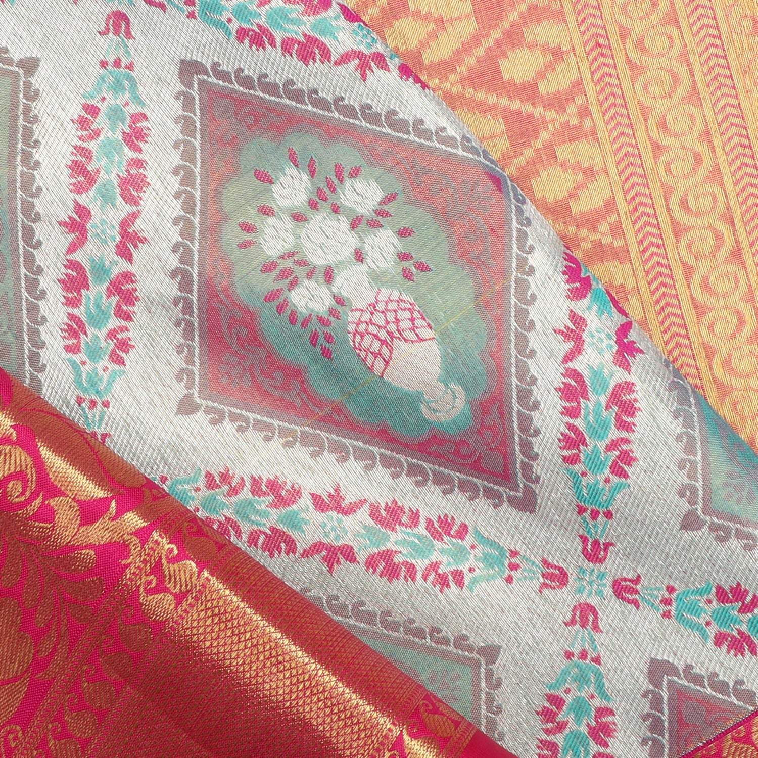 Cloud White Kanjivaram Silk Saree With Floral Motif Pattern - Singhania's