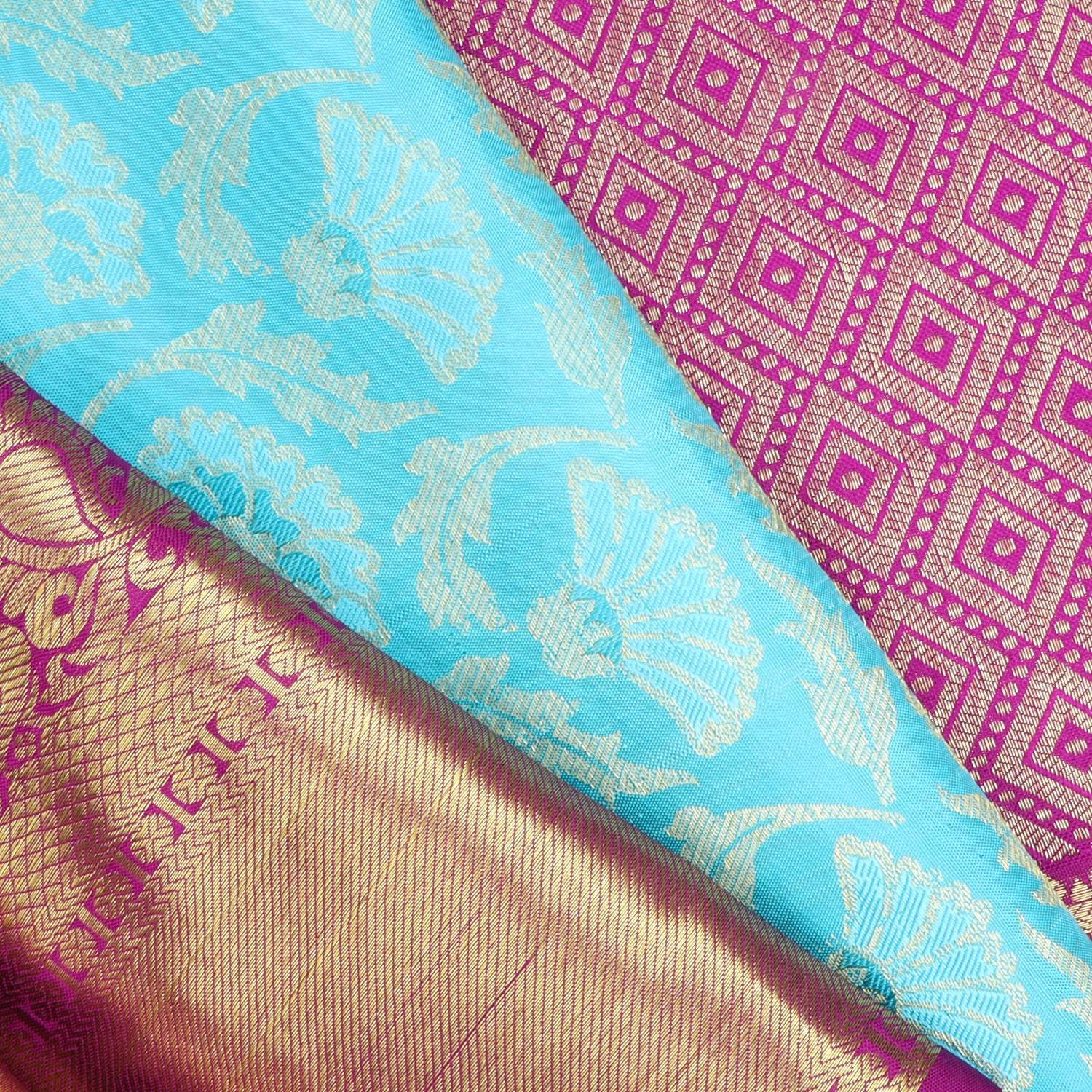 Blue Kanjivaram Silk Saree With Floral Pattern - Singhania's