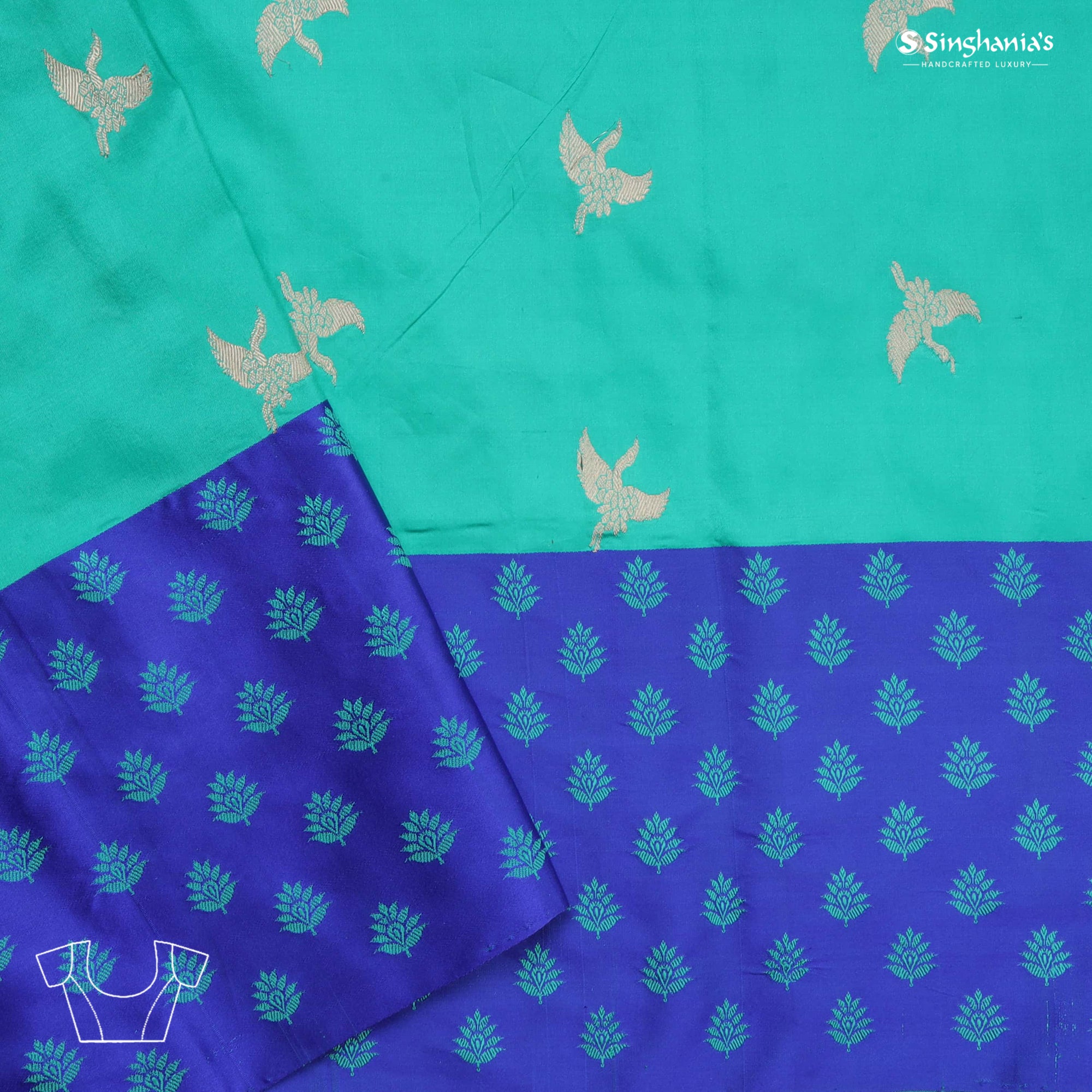 Turquoise Blue Banarasi Silk Saree With Bird Motifs