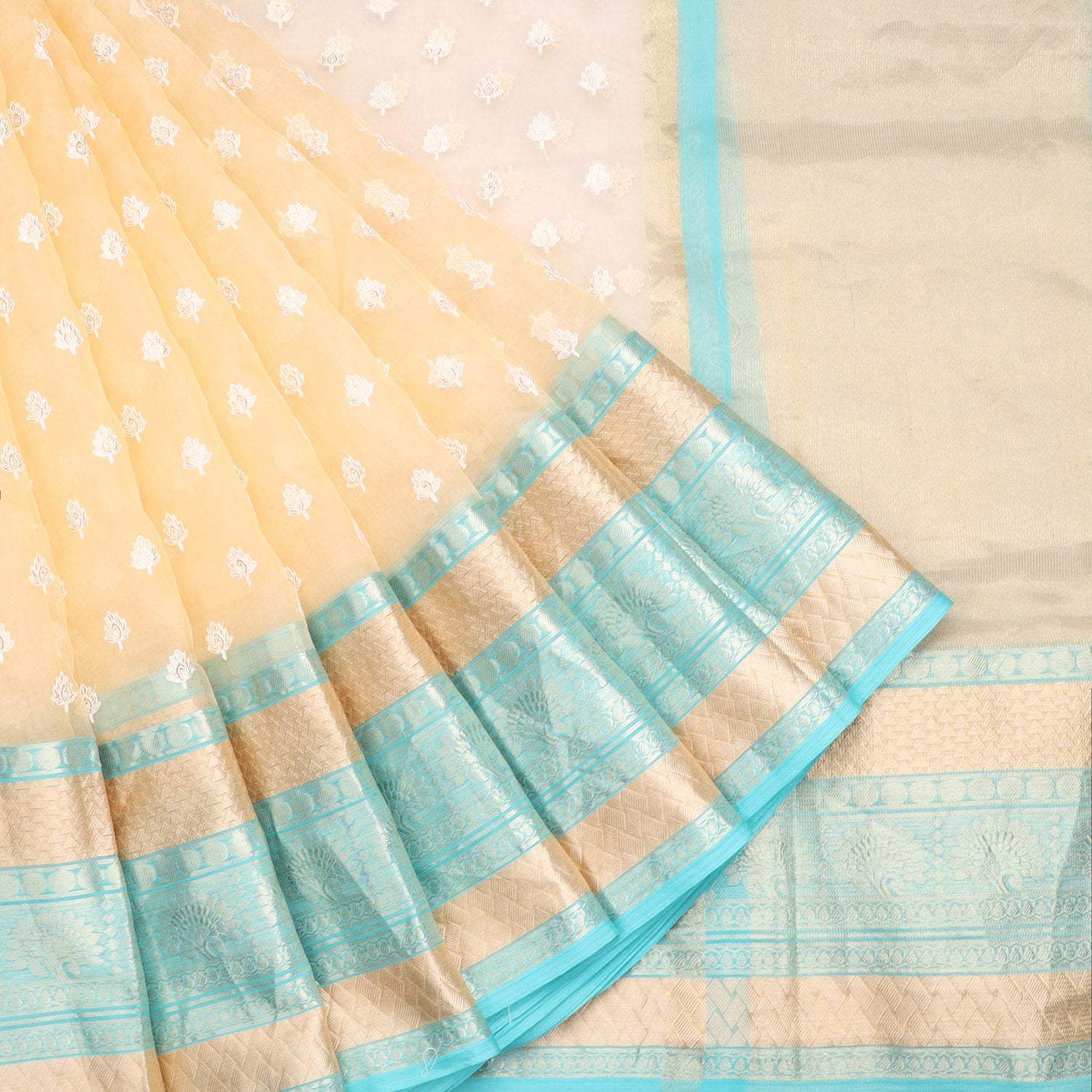 Pastel Peach Organza Saree With Floral Embroidery - Singhania's