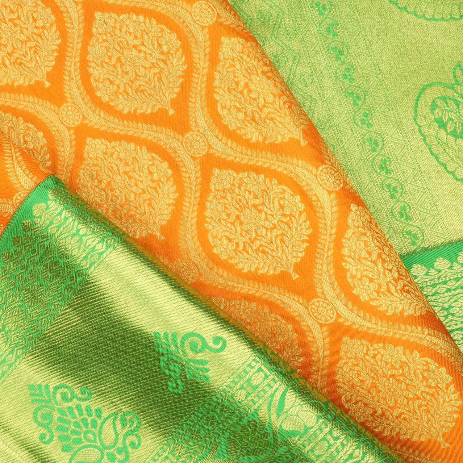 Orange Kanjivaram Silk Saree With Floral Motif Pattern - Singhania's