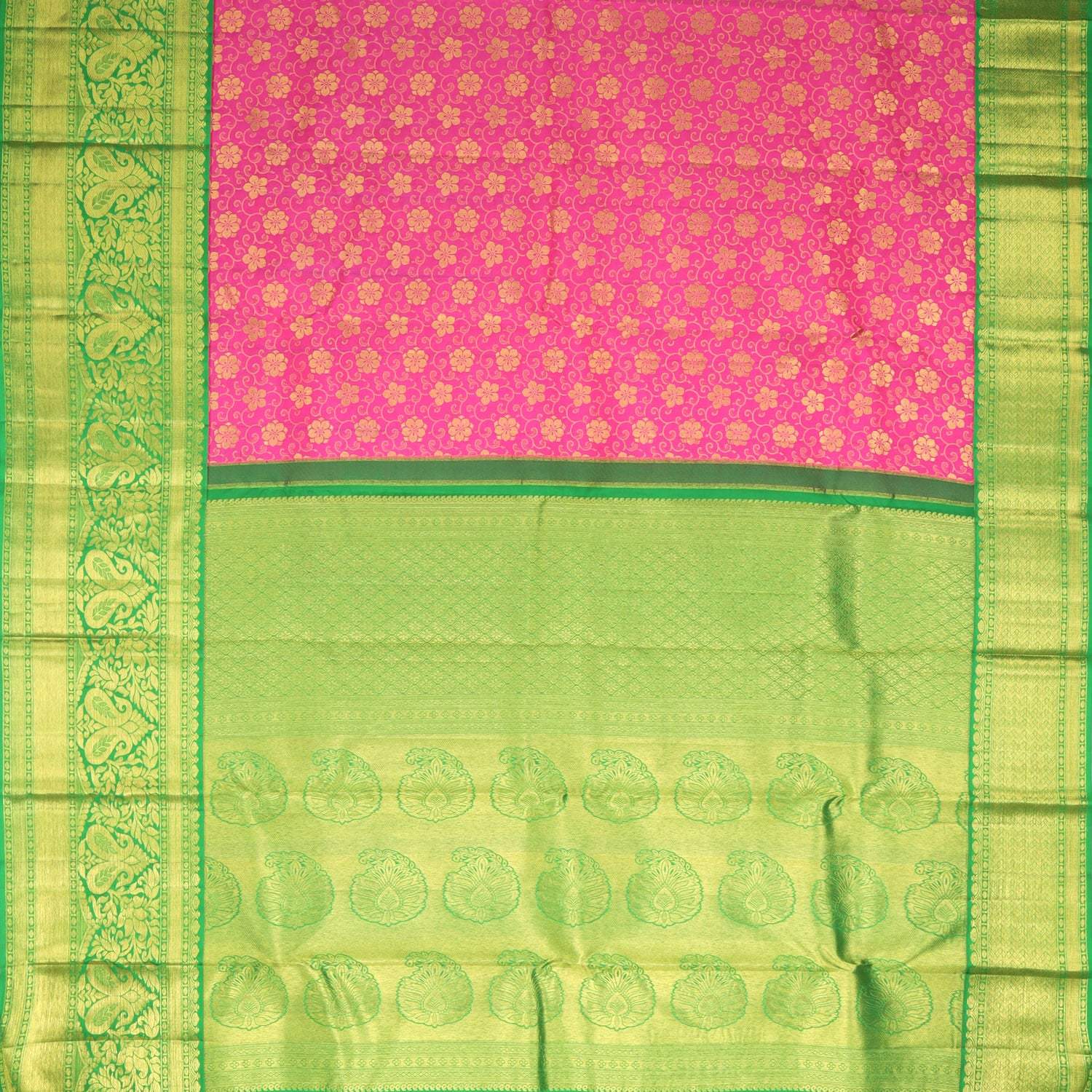 Fuschia Pink Kanjivaram Silk Saree With Floral Motif Pattern - Singhania's