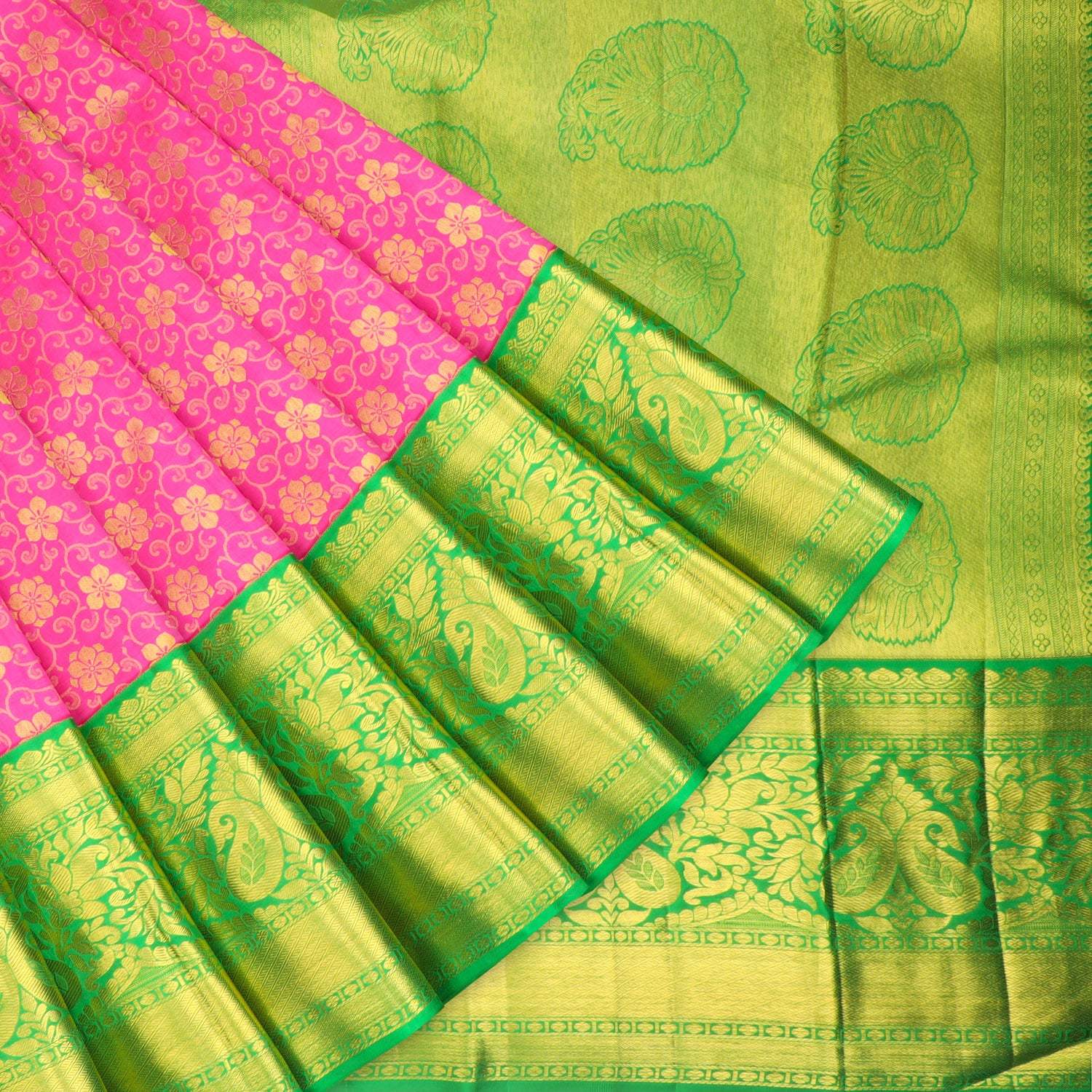 Fuschia Pink Kanjivaram Silk Saree With Floral Motif Pattern - Singhania's