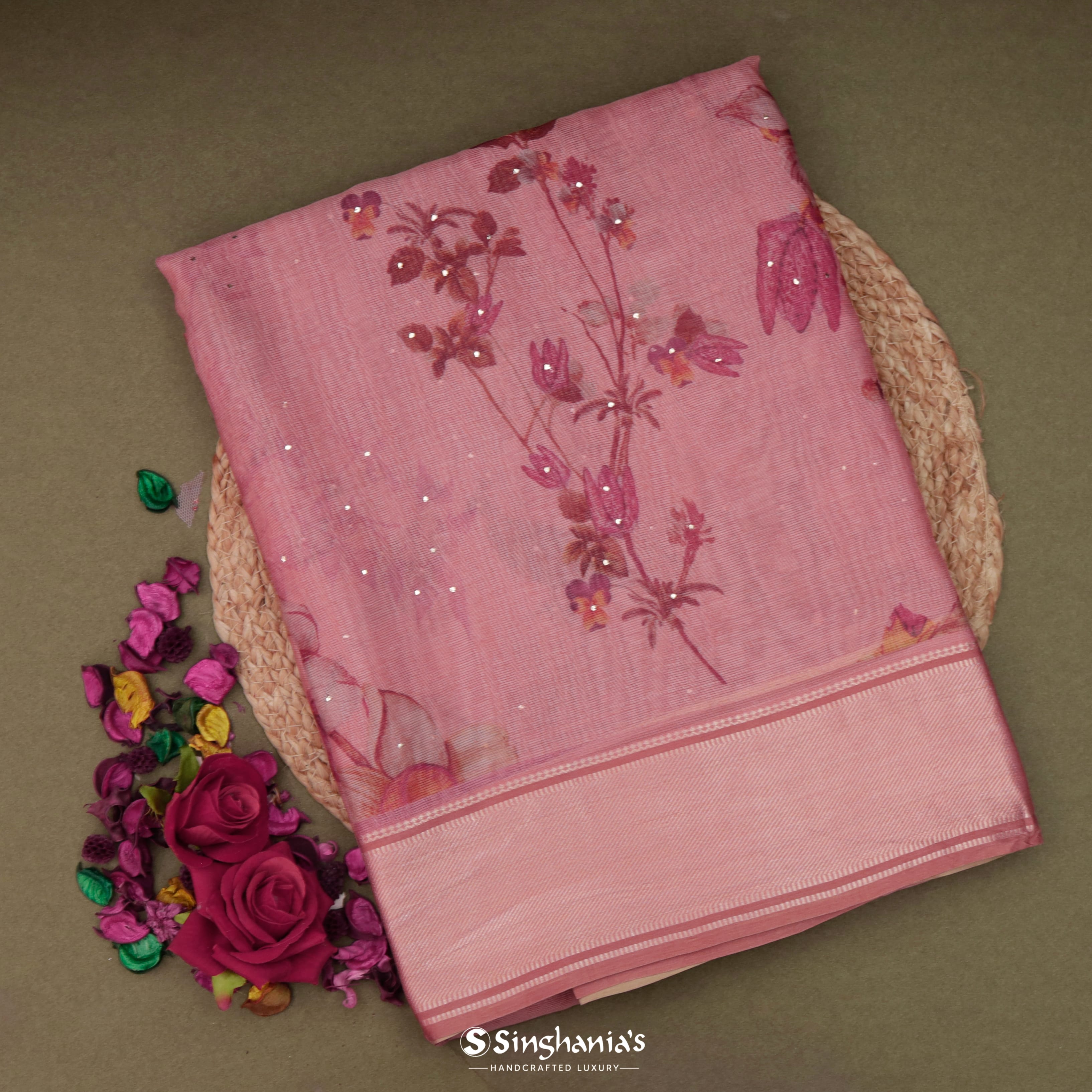 Tulip Pink Maheshwari Printed Saree With Floral Motif Pattern