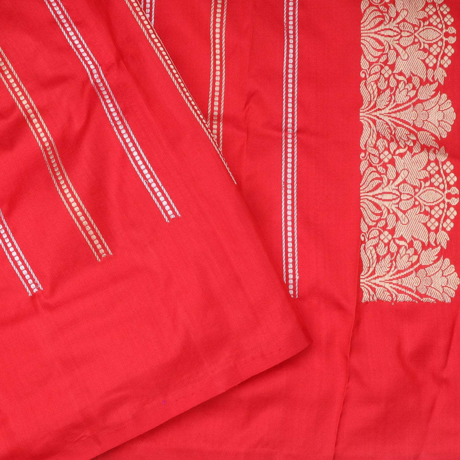 Vibrant Red Banarasi Silk Saree With Floral Stripes Pattern - Singhania's