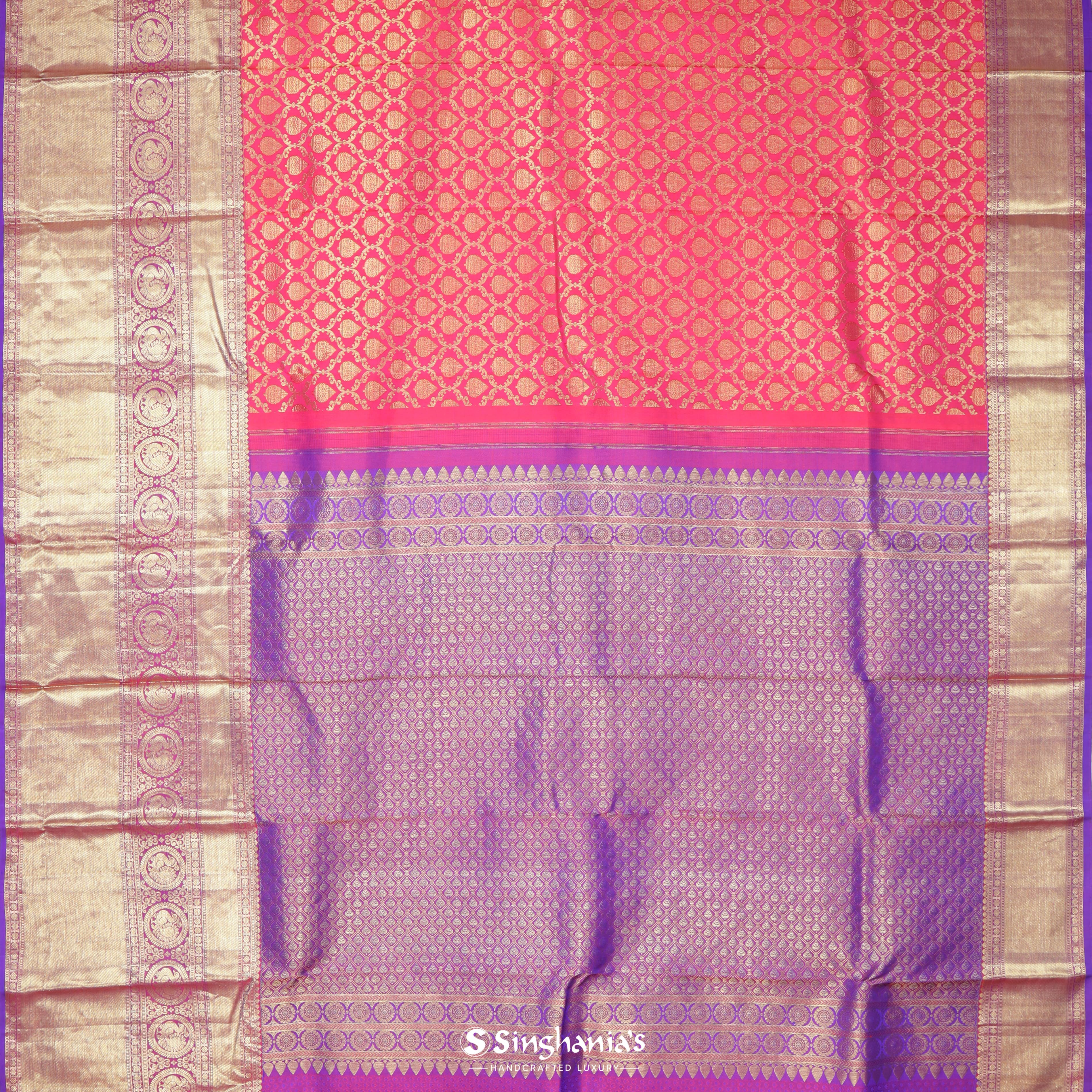 Amaranth Red Silk Printed Handloom Saree With Jaal Design