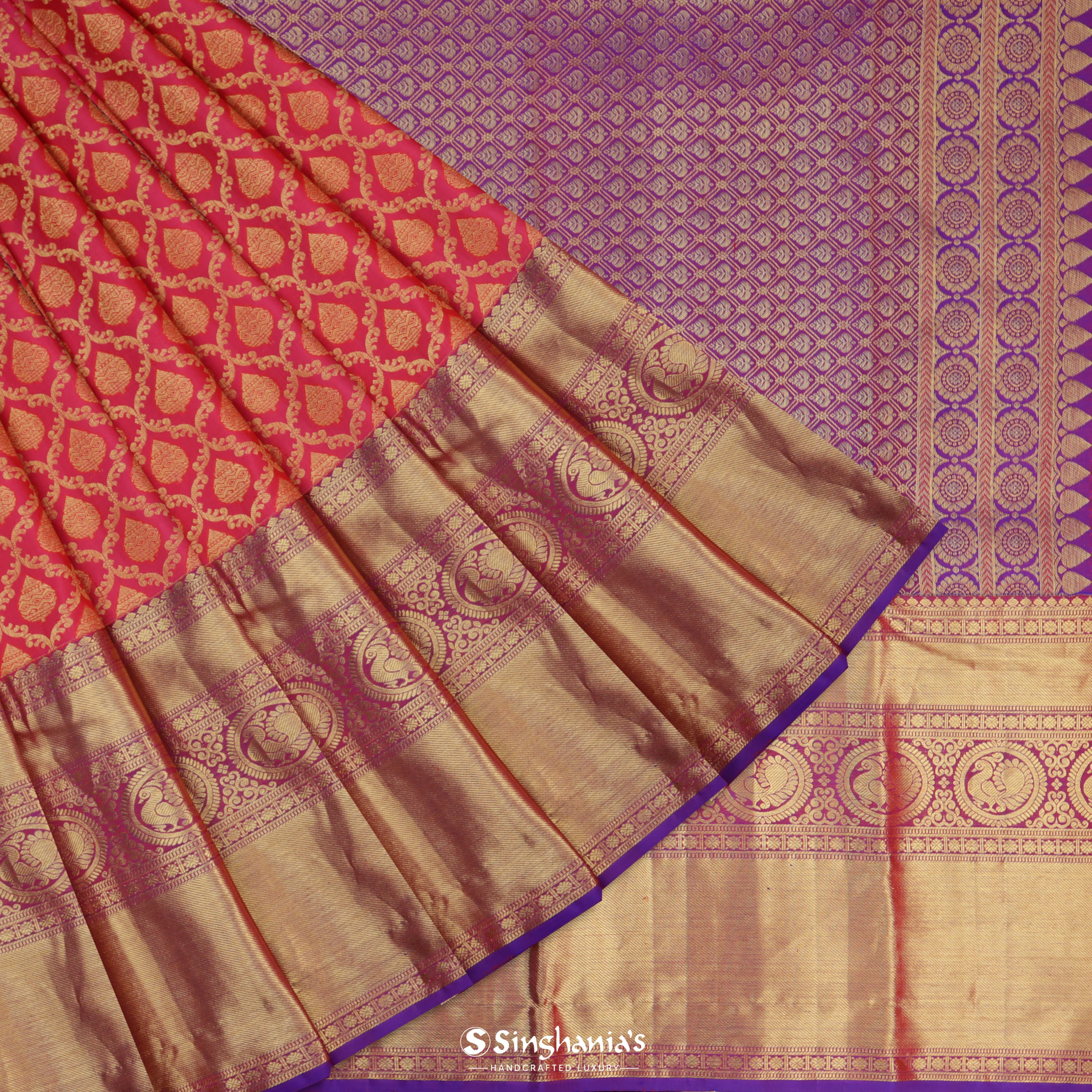 Amaranth Red Silk Printed Handloom Saree With Jaal Design