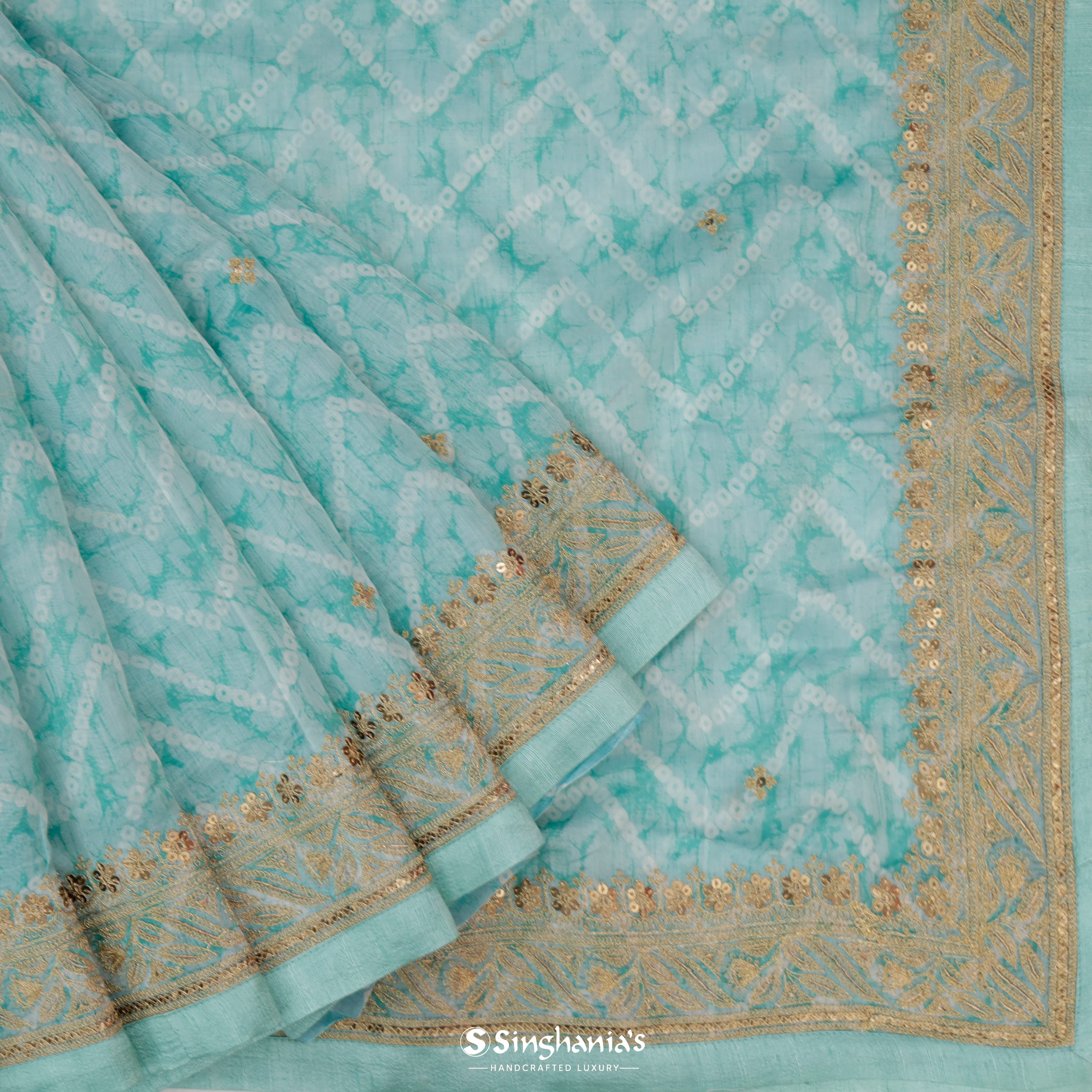 Celeste Blue Chanderi Bandhani Silk Saree With Floral Pattern