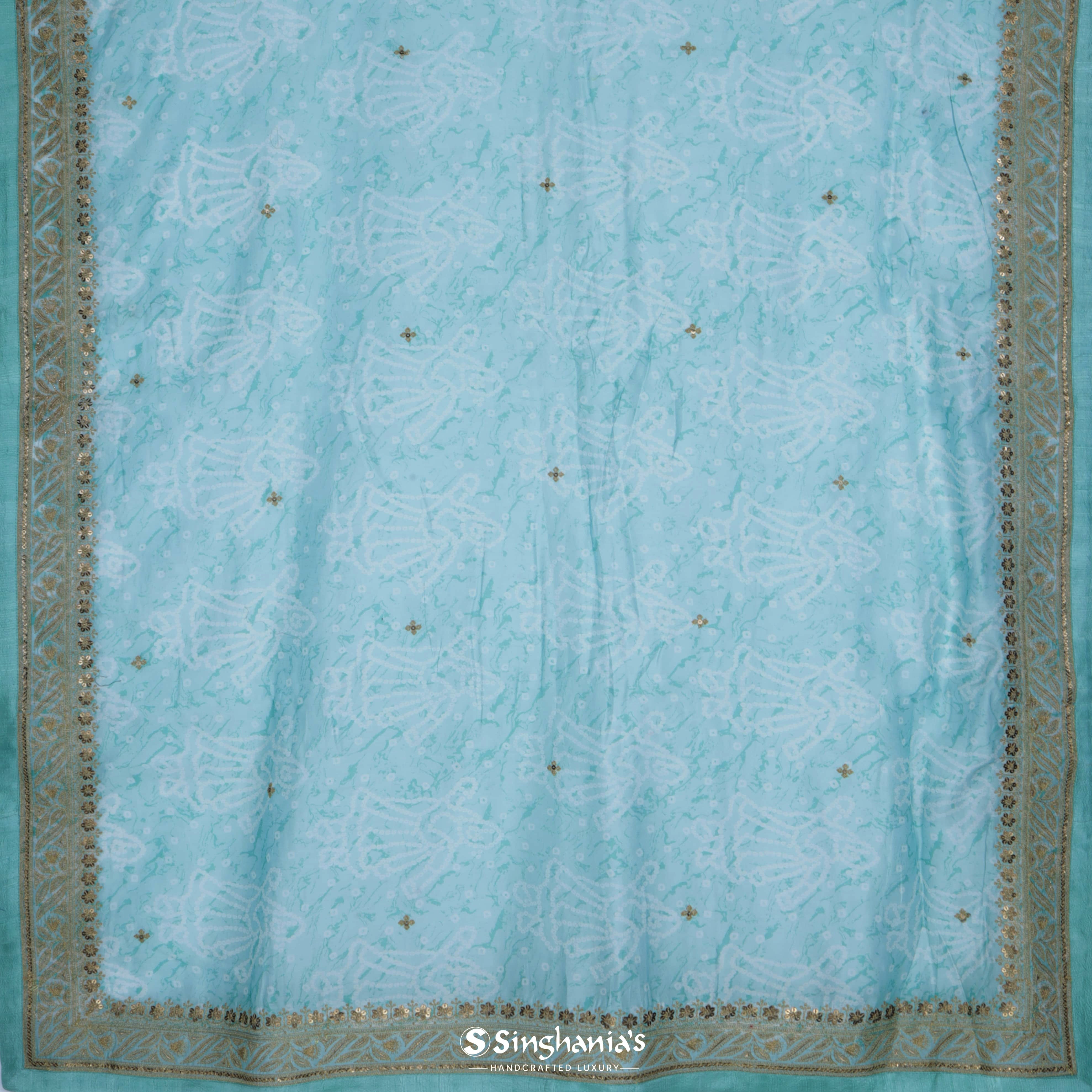 Light Turquoise Chanderi Bandhani Silk Saree With Floral Pattern