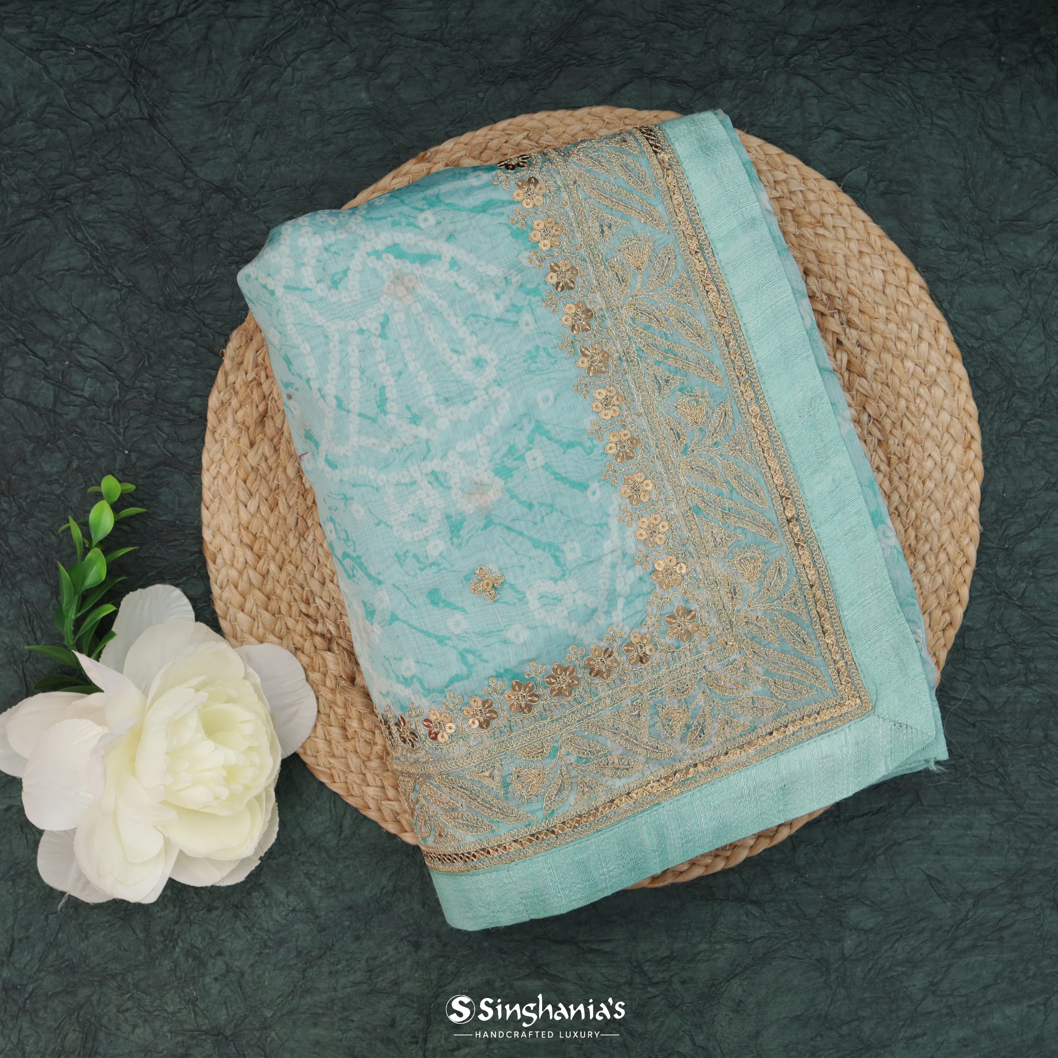Light Turquoise Chanderi Bandhani Silk Saree With Floral Pattern