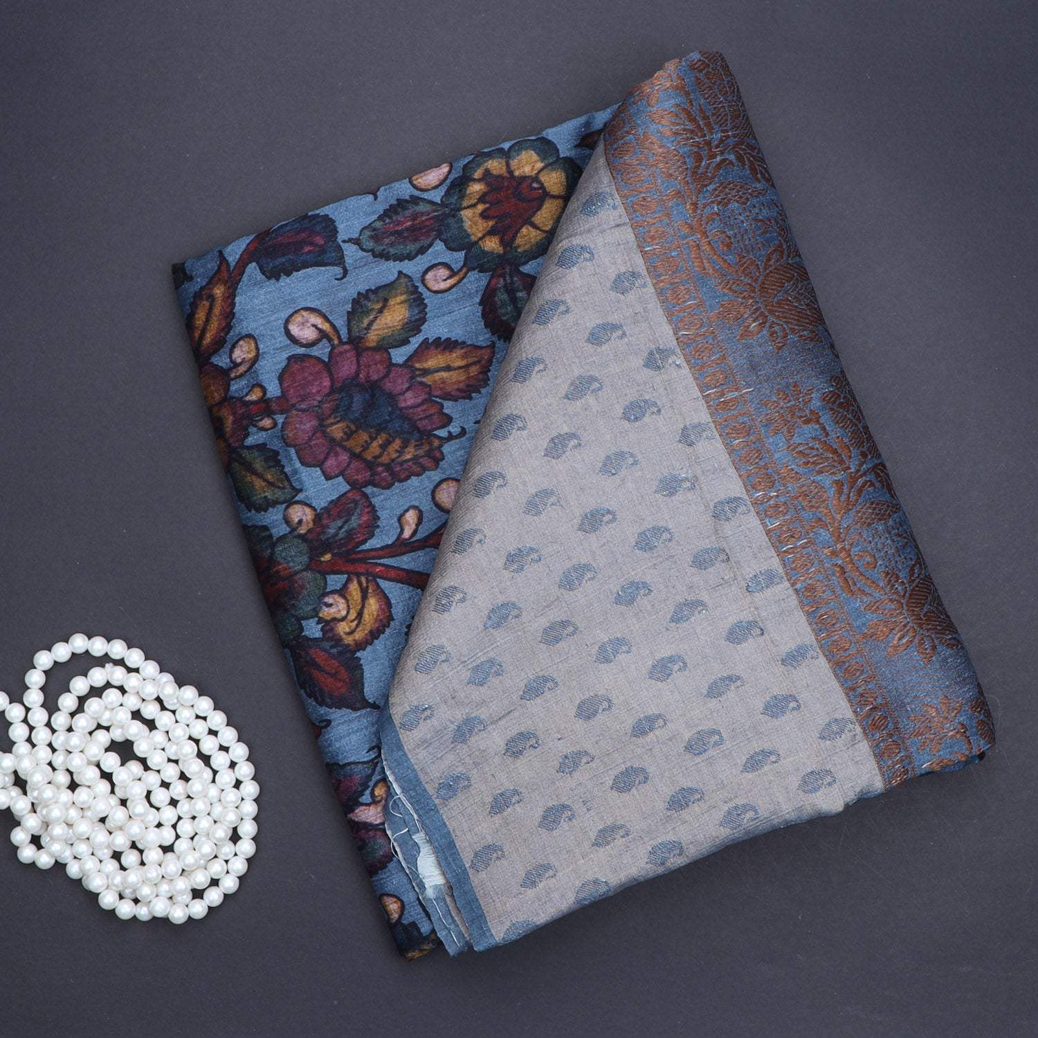 Maya Blue Matka Printed Saree With Kalamkari Printed Pattern - Singhania's
