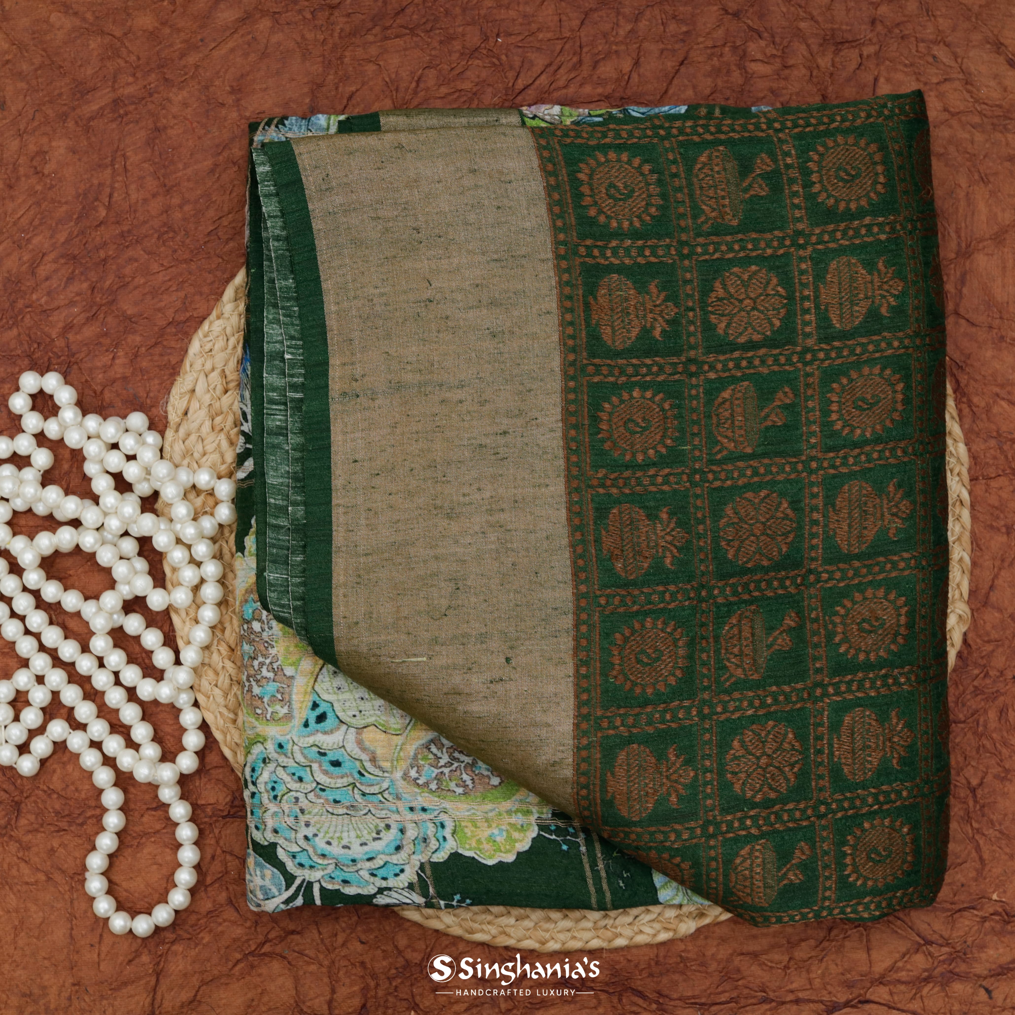 Bottle Green Matka Printed Saree With Floral Motif Pattern