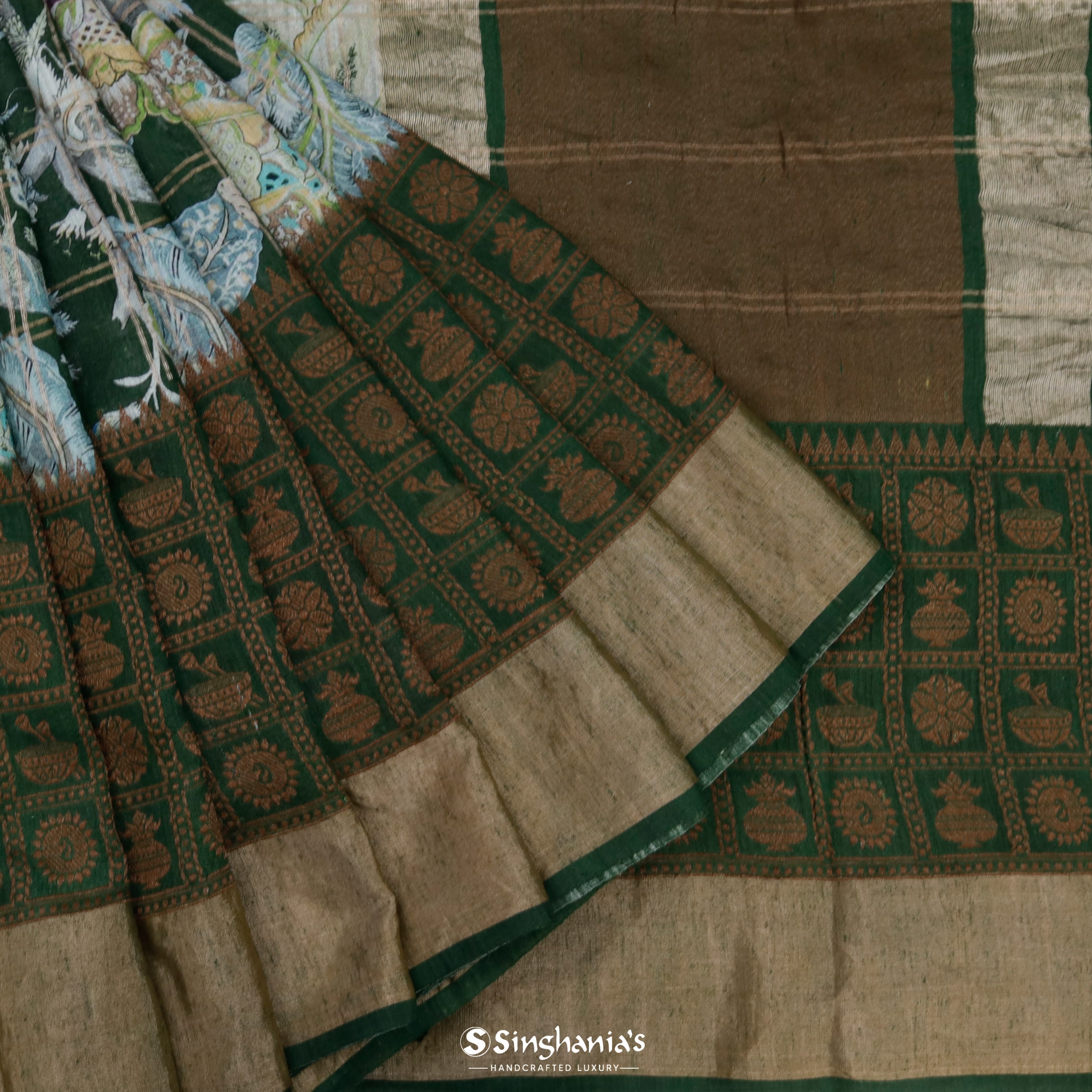 Bottle Green Matka Printed Saree With Floral Motif Pattern