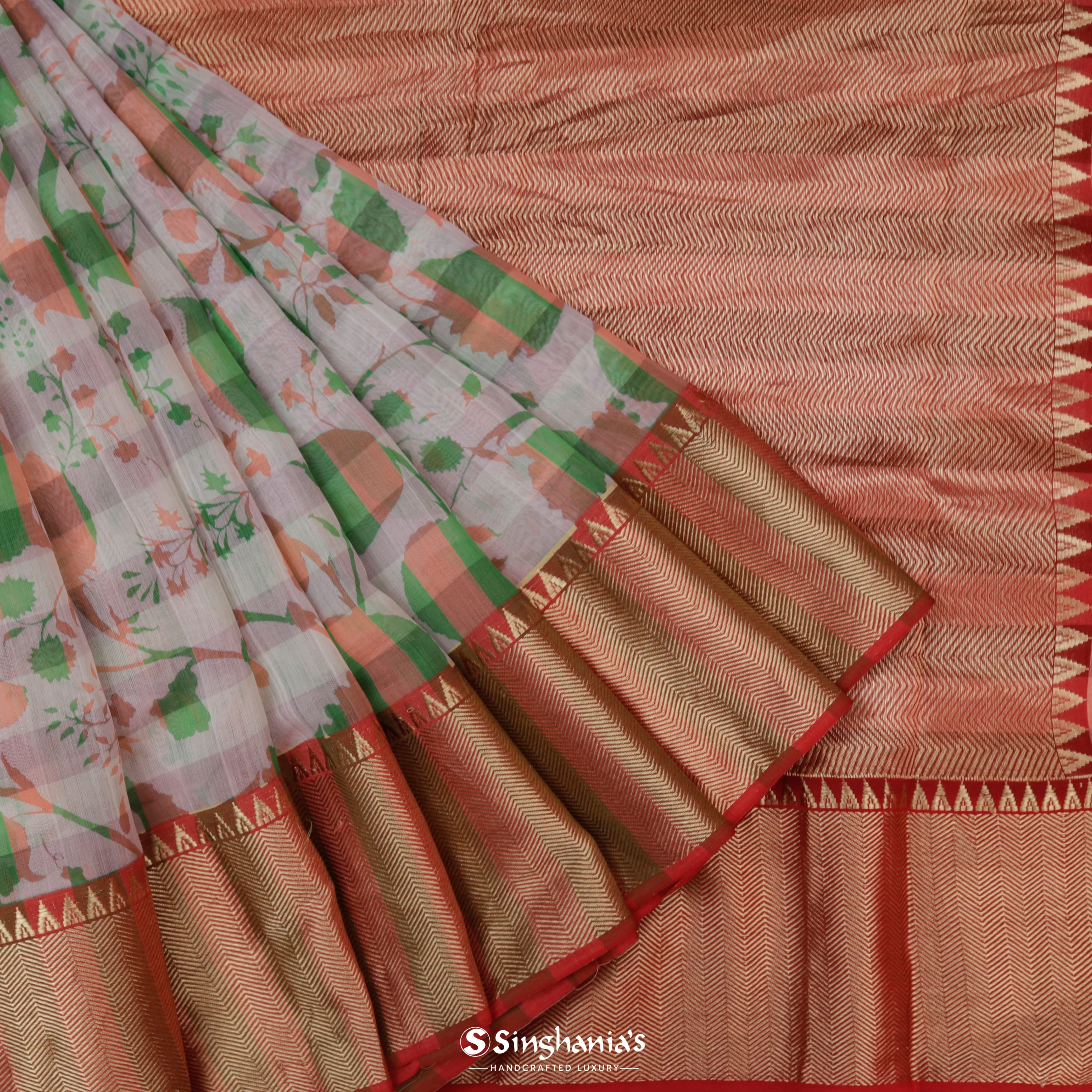 Powder White Chanderi Printed Saree With Floral Pattern