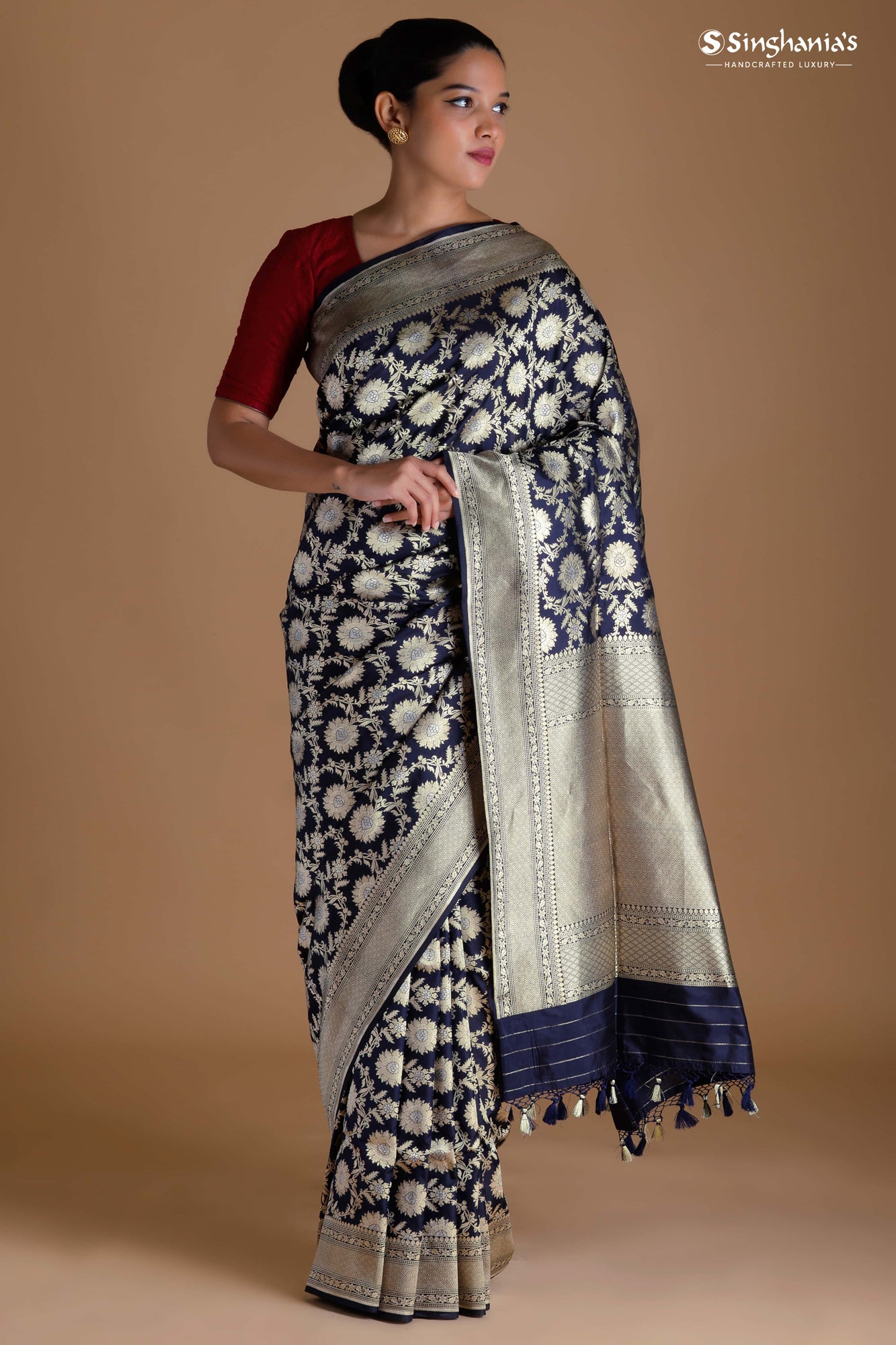 Dark Blue Banarasi Silk Handloom Saree With Floral Jaal Design